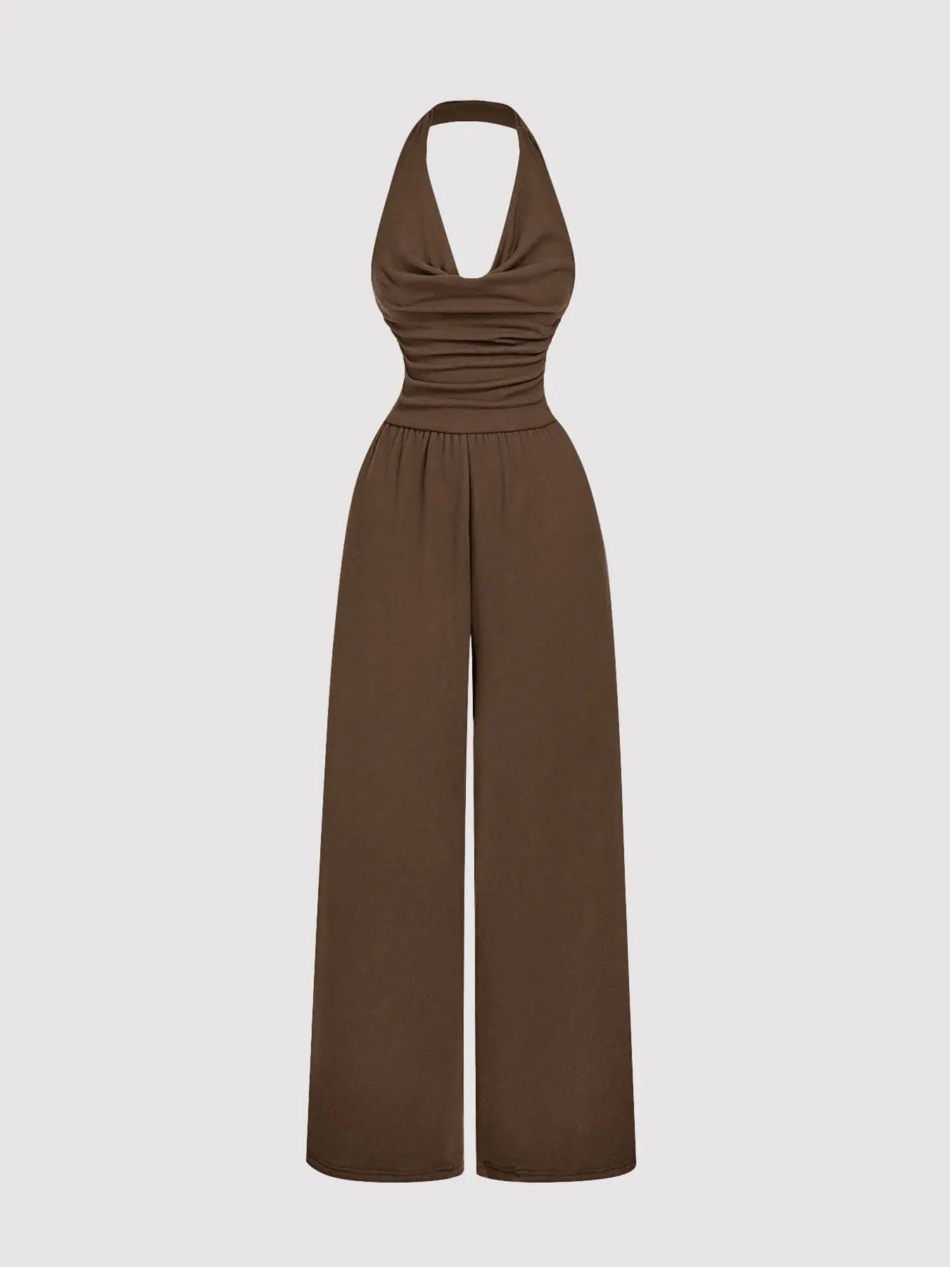 Halter Neck Wide Leg Jumpsuit With Button Detail Polyester Elastane Blend Trendsi