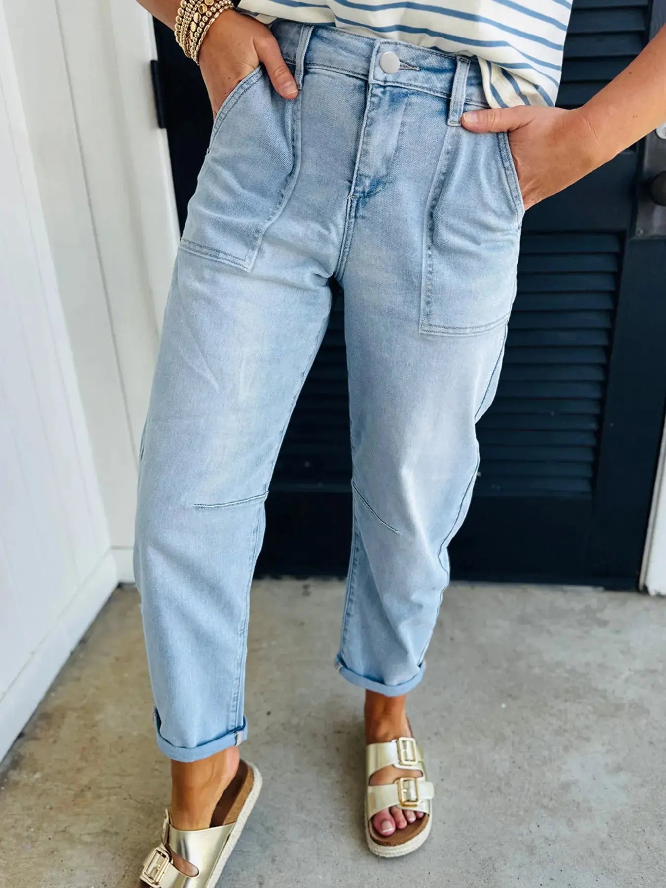 High Rise Barrel Jeans Relaxed Fit Patch Pocket Washed Stretch Denim For Everyday Wear Trendsi