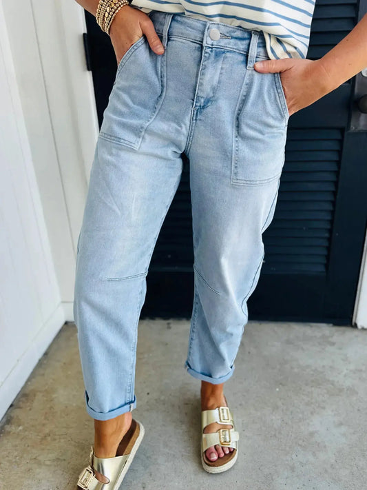High Rise Barrel Jeans Relaxed Fit Patch Pocket Washed Stretch Denim For Everyday Wear Trendsi