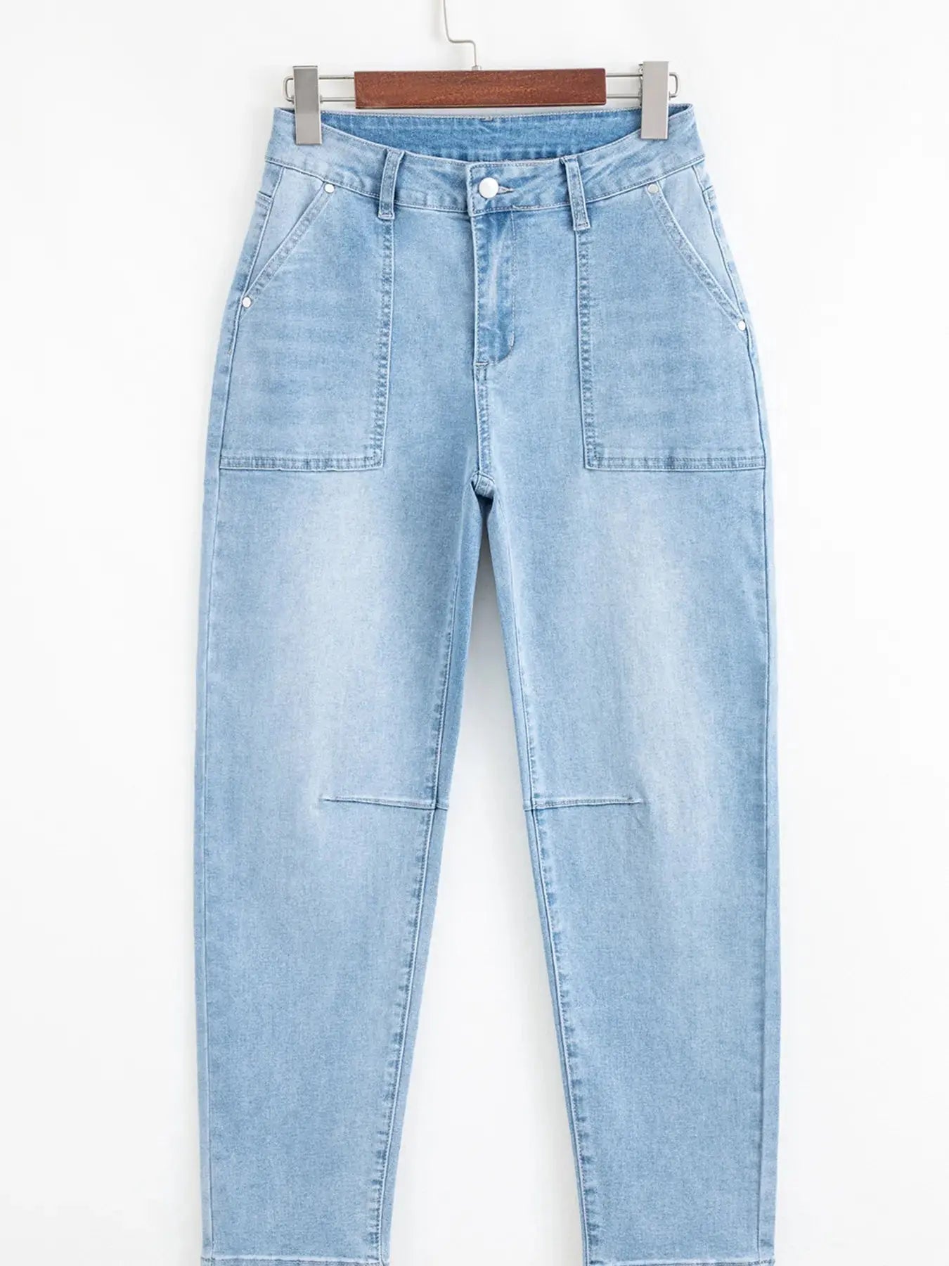 High Rise Barrel Jeans Relaxed Fit Patch Pocket Washed Stretch Denim For Everyday Wear Trendsi