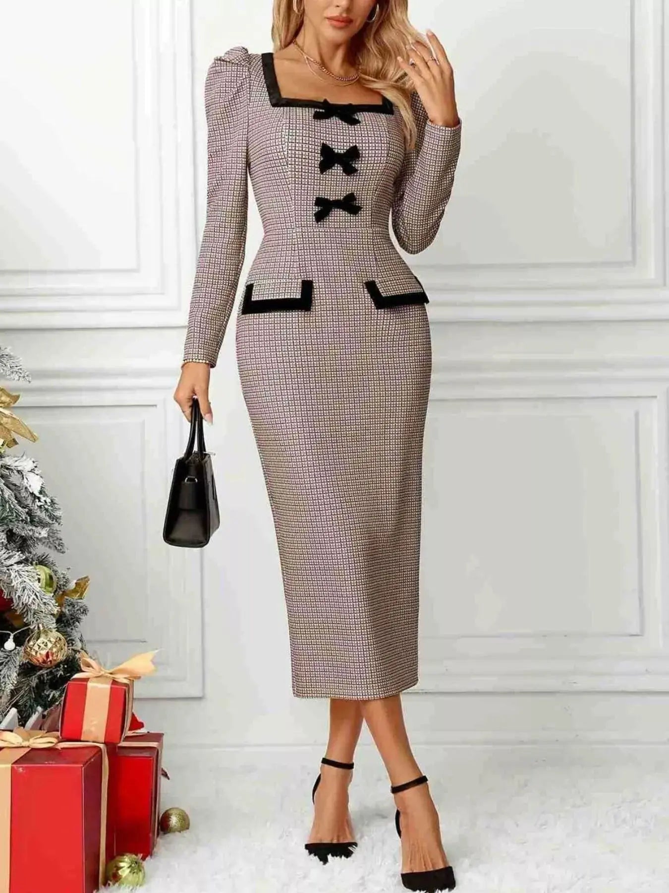 Houndstooth Bow Square Neck Dress Trendsi