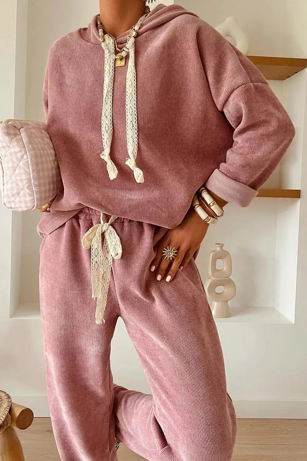 Lace Detail Dropped Shoulder Hoodie and Pants Set Trendsi