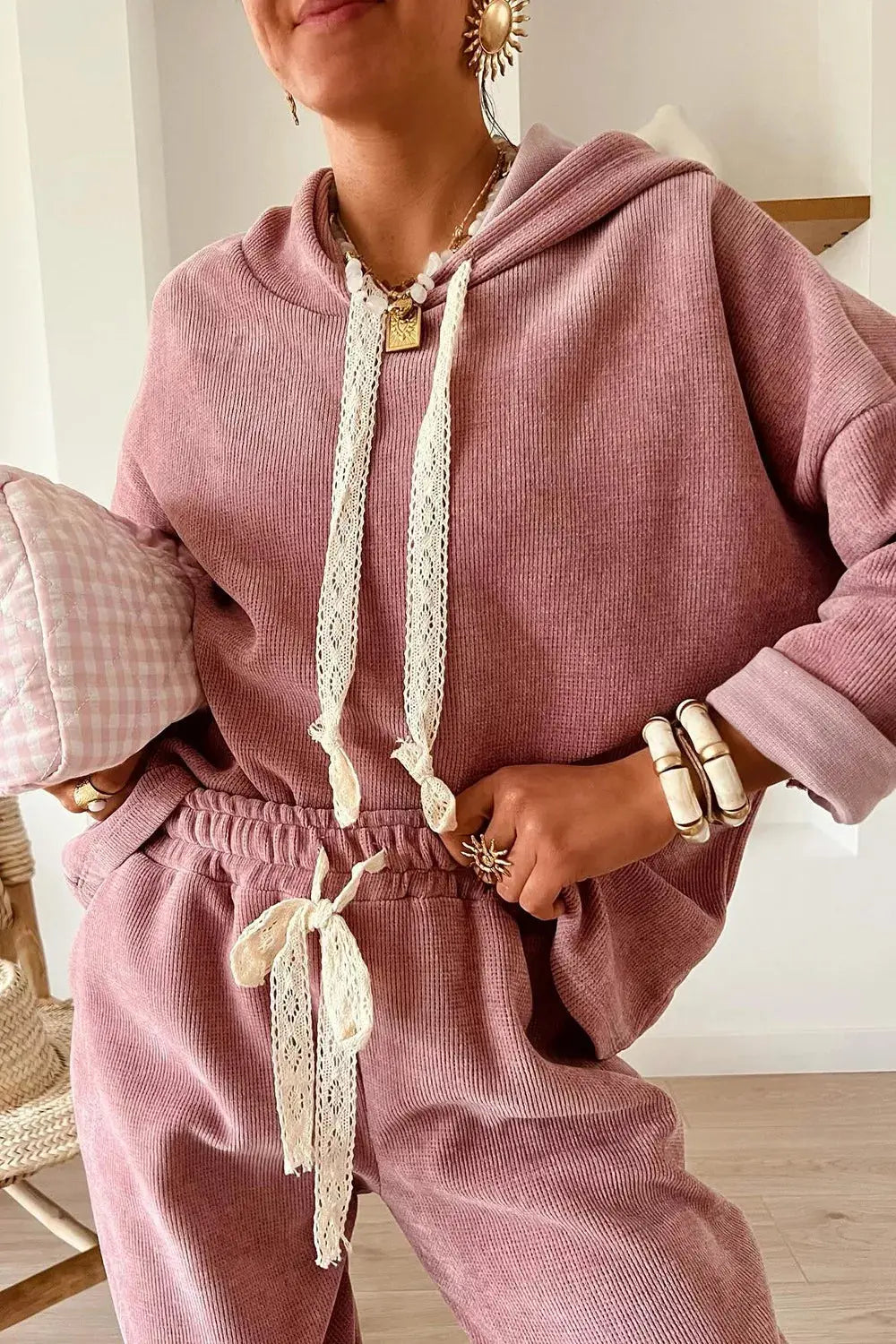 Lace Detail Dropped Shoulder Hoodie and Pants Set Trendsi