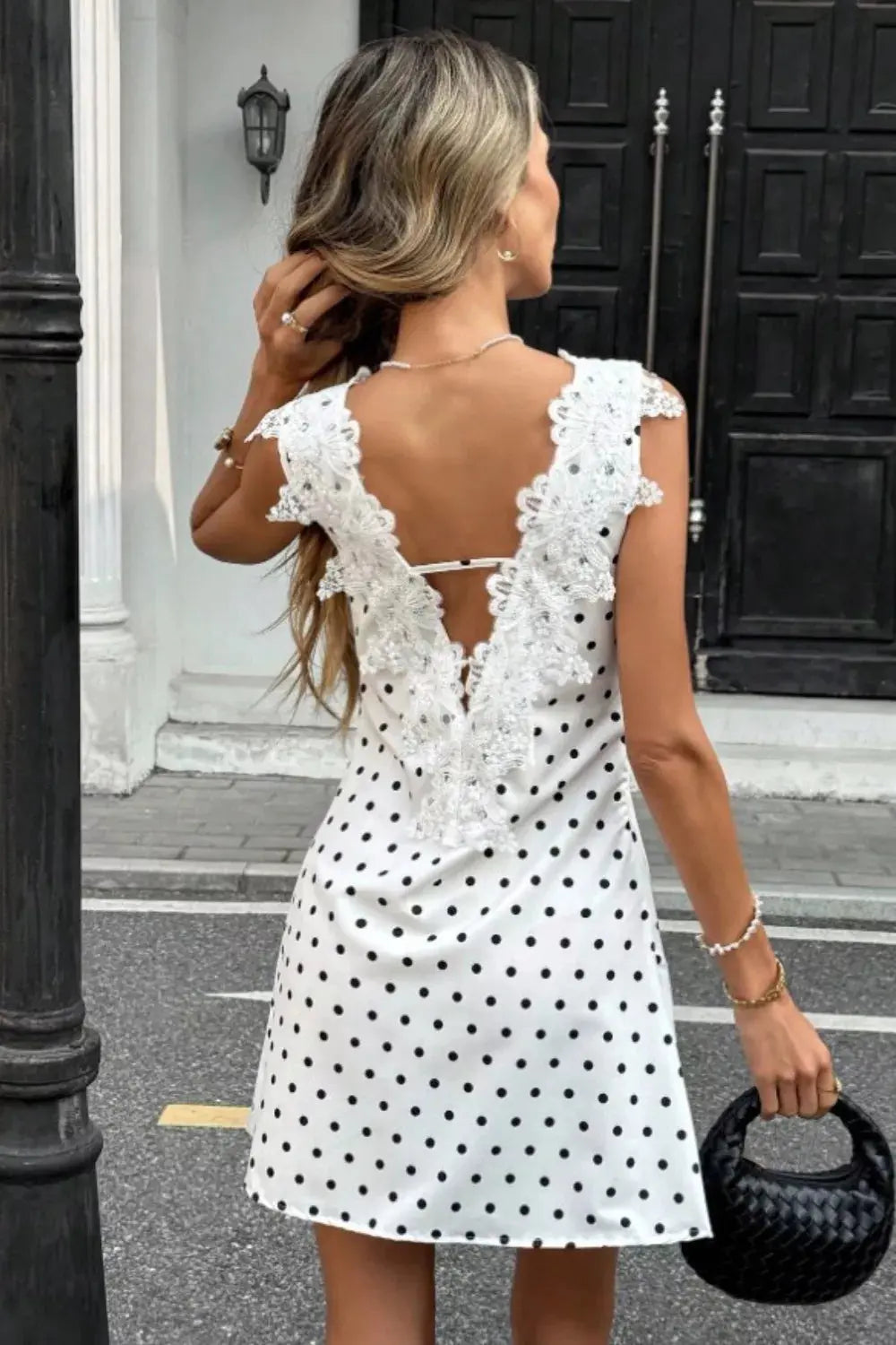 Lace Trim Polka Dot Mini Dress With Tie Waist Polyester Trendsi