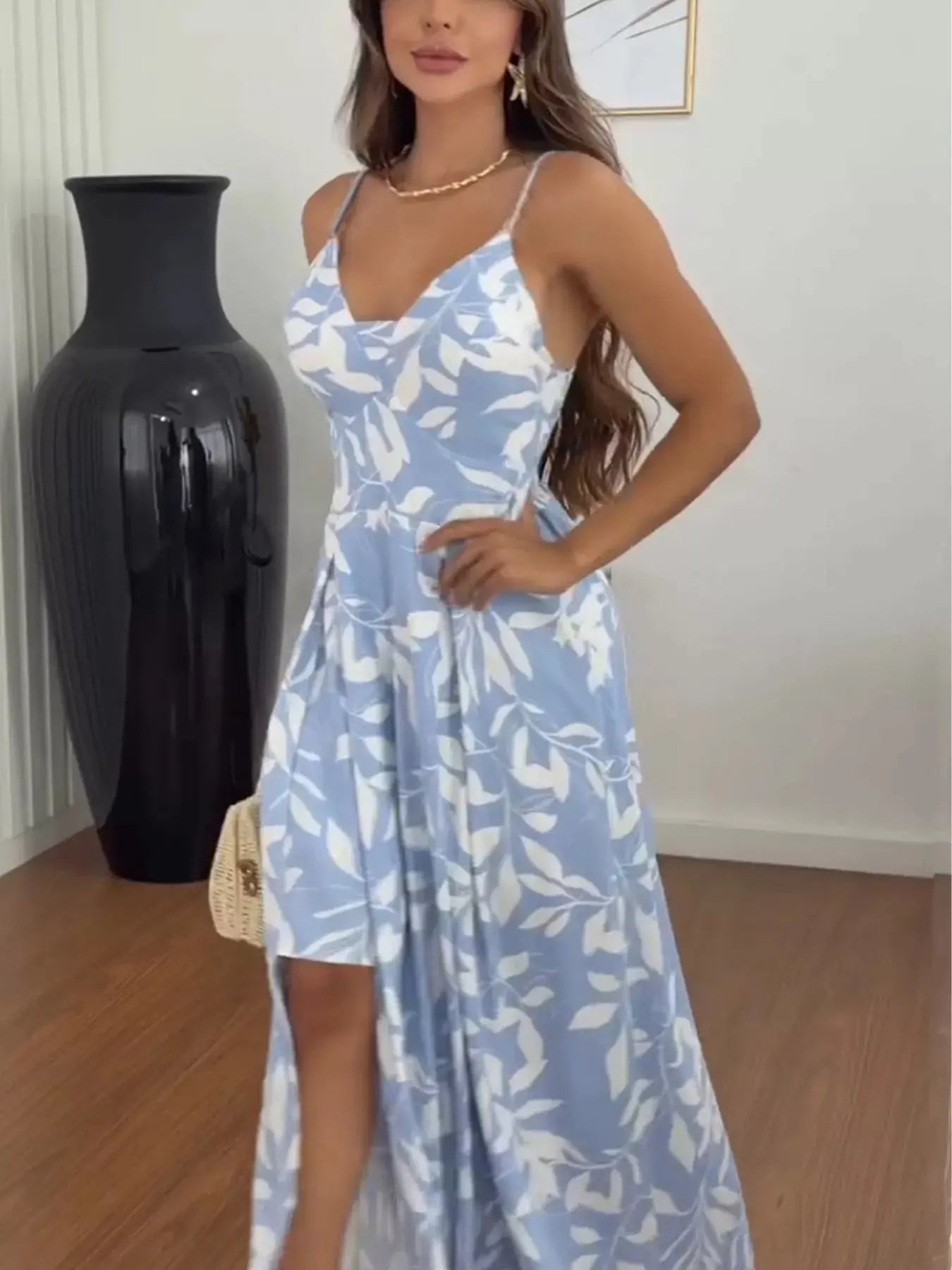 Leaf Print Spaghetti Strap Slit Maxi Dress, Polyester Trendsi