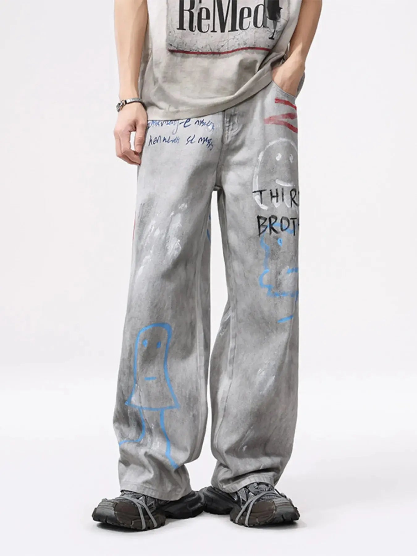 Men's Distressed Graffiti Print Wide Leg Jeans 100 Percent Cotton Trendsi