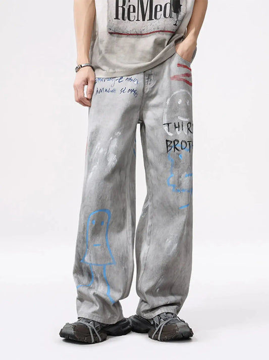 Men's Distressed Graffiti Print Wide Leg Jeans 100 Percent Cotton Trendsi
