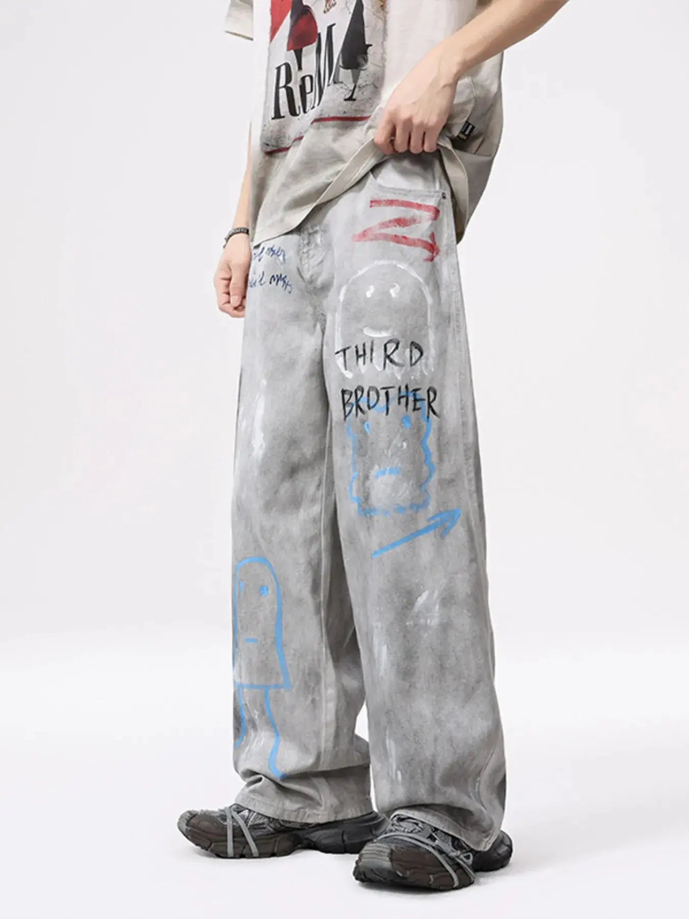Men's Distressed Graffiti Print Wide Leg Jeans 100 Percent Cotton Trendsi