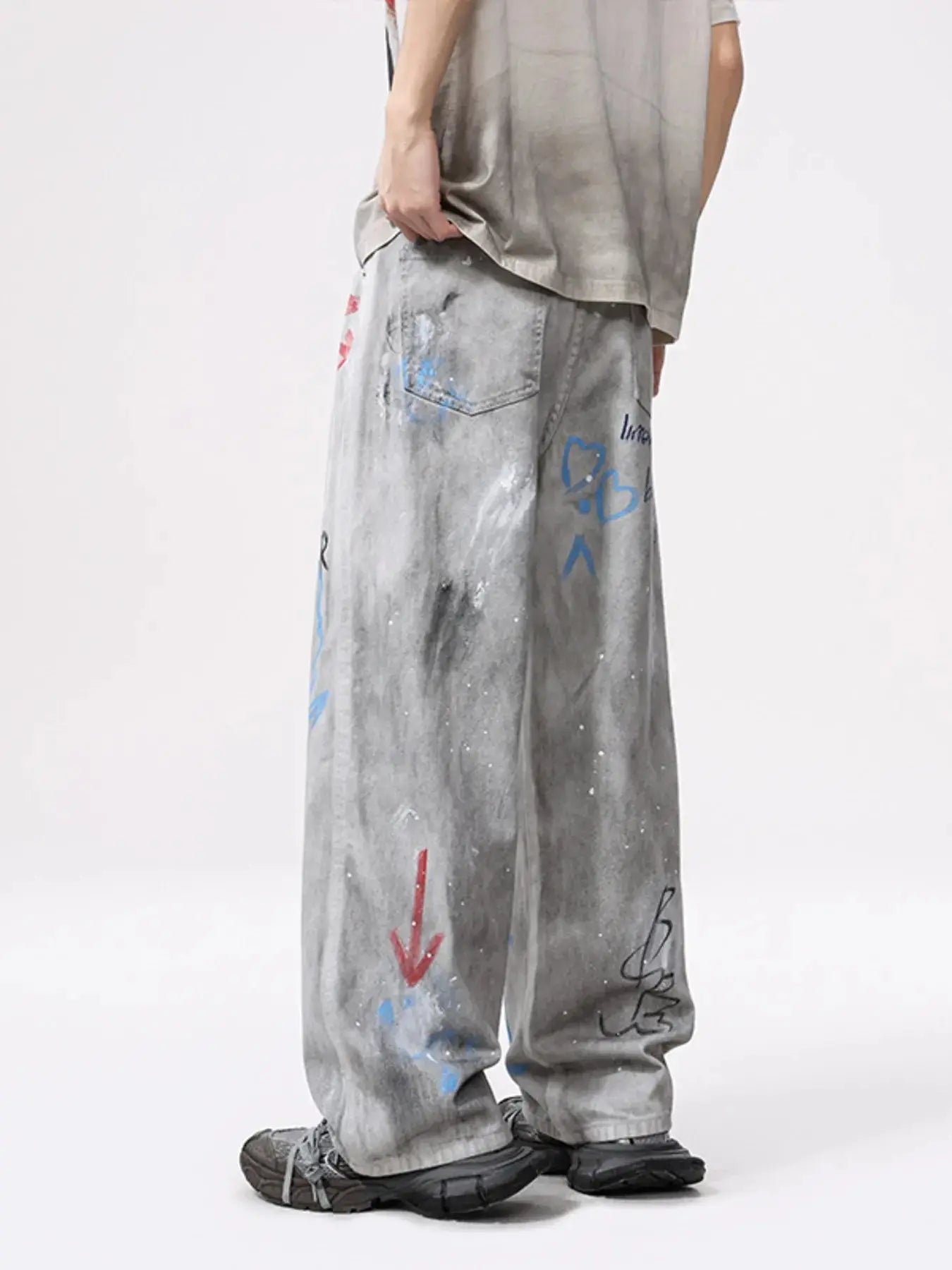 Men's Distressed Graffiti Print Wide Leg Jeans 100 Percent Cotton Trendsi