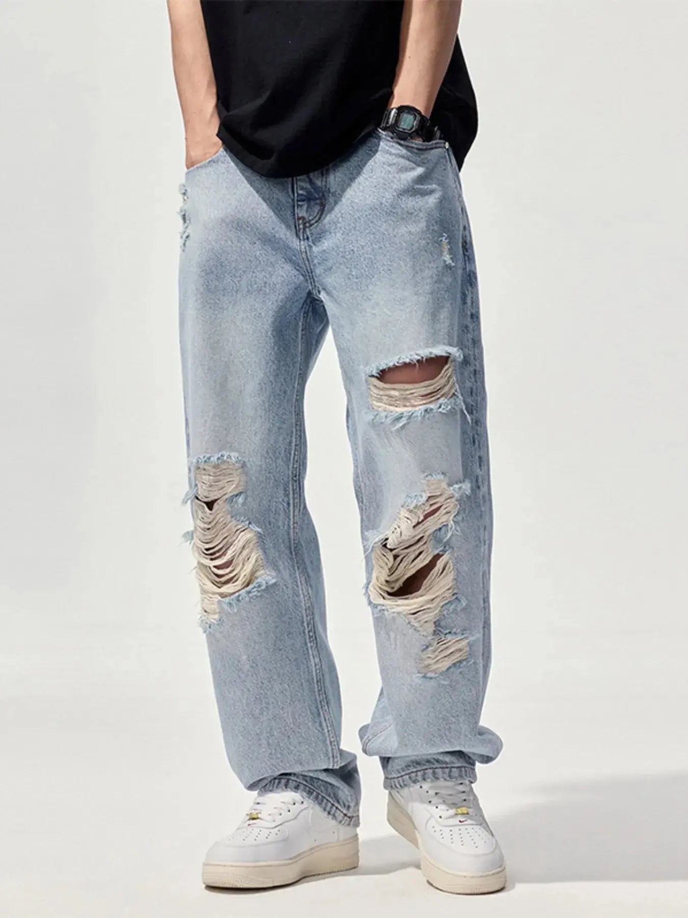 Men's Distressed Washed Wide Leg Denim Jeans With Slight Stretch Trendsi