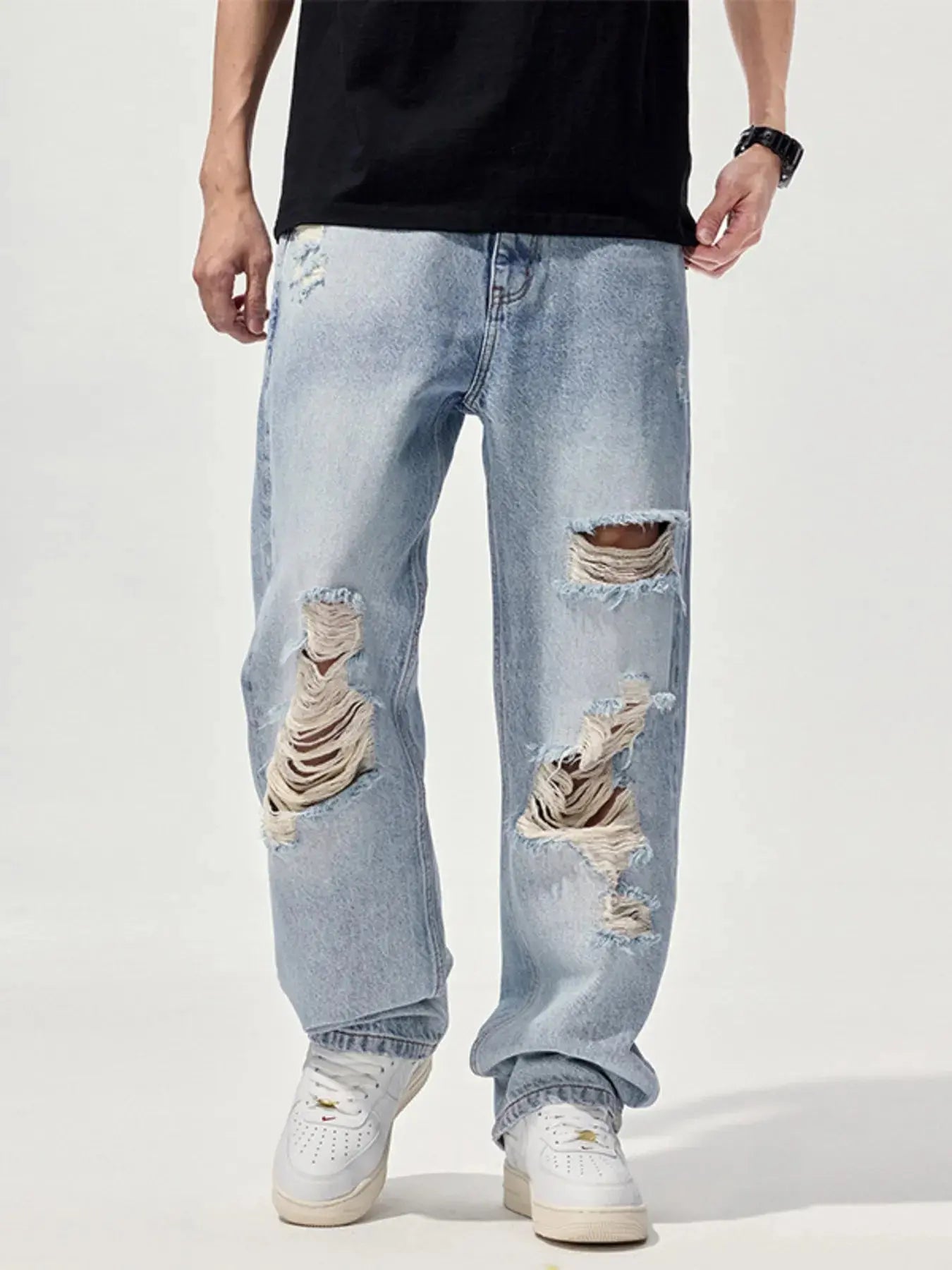 Men's Distressed Washed Wide Leg Denim Jeans With Slight Stretch Trendsi