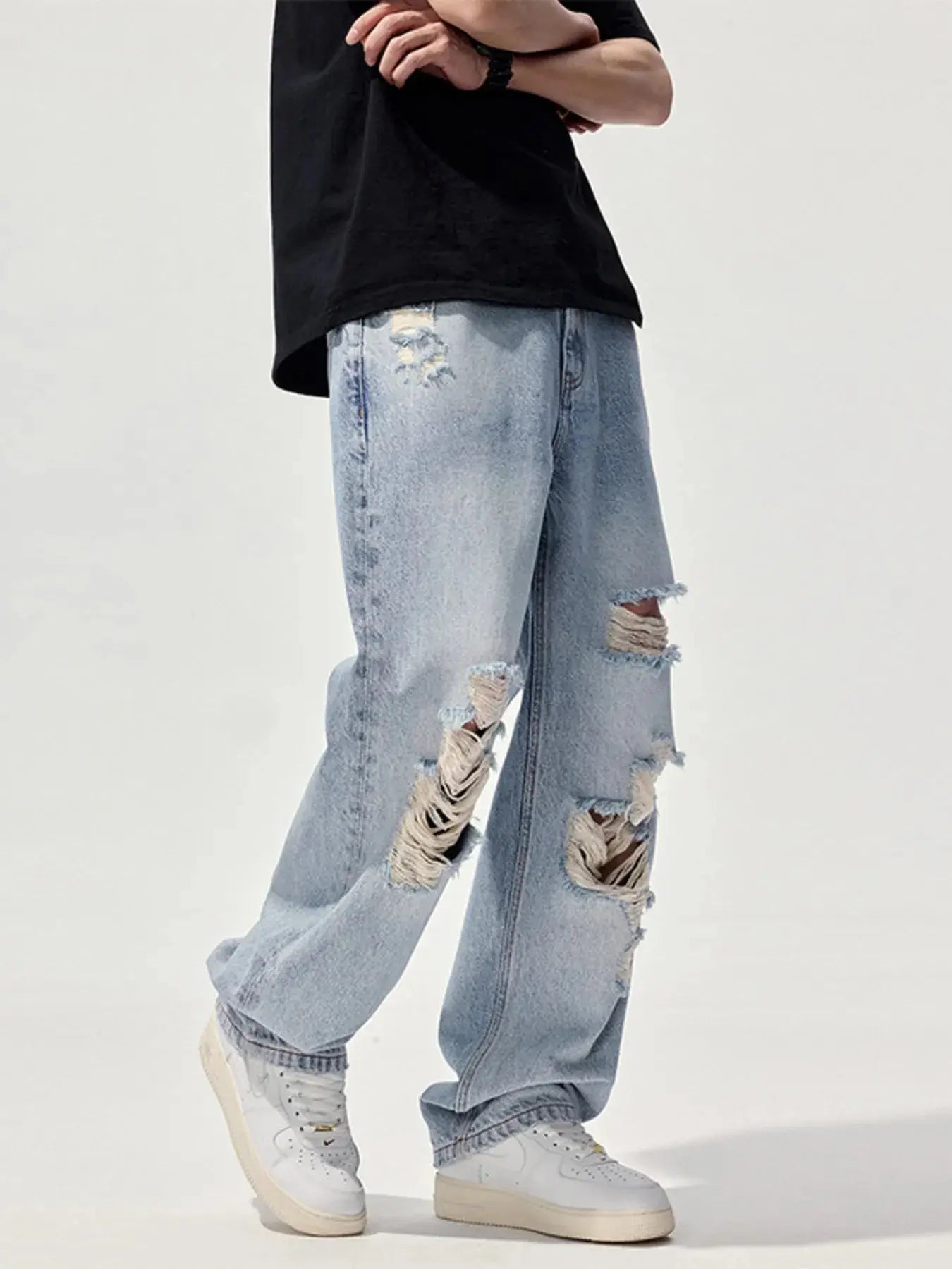 Men's Distressed Washed Wide Leg Denim Jeans With Slight Stretch Trendsi