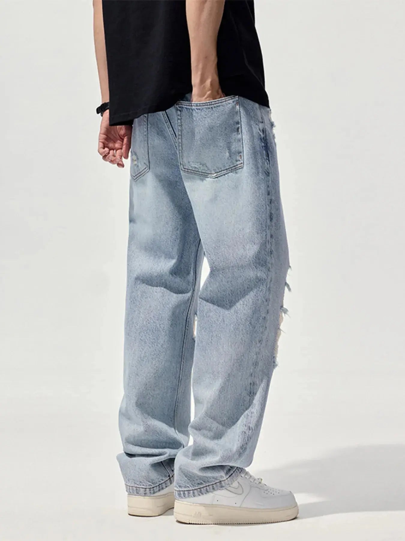 Men's Distressed Washed Wide Leg Denim Jeans With Slight Stretch Trendsi