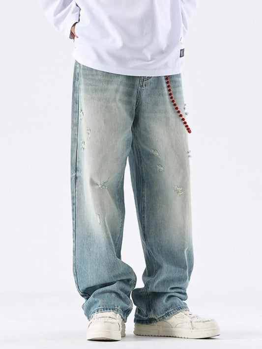 Men's Distressed Wide Leg Jeans Washed One Hundred Percent Cotton Trendsi