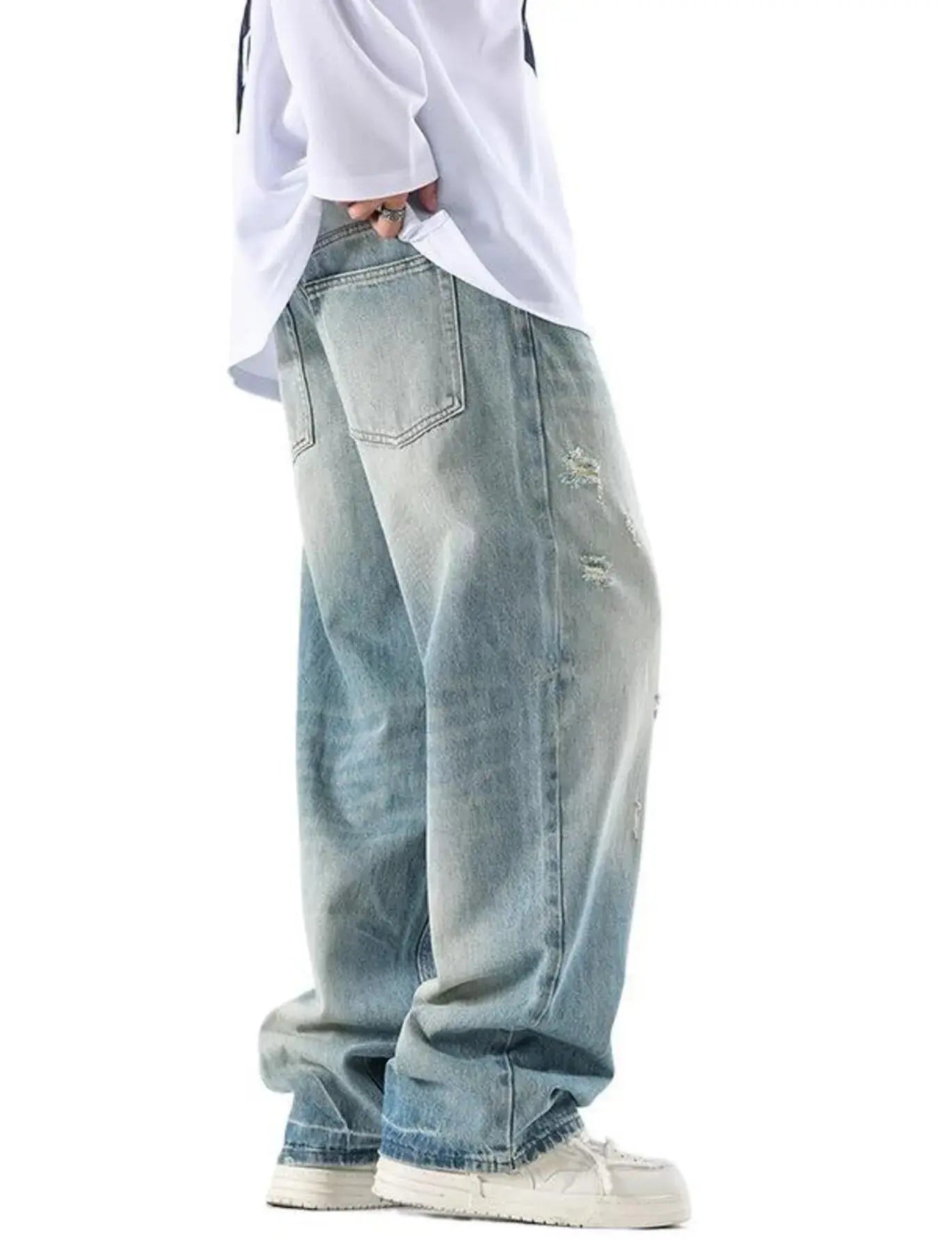 Men's Distressed Wide Leg Jeans Washed One Hundred Percent Cotton Trendsi