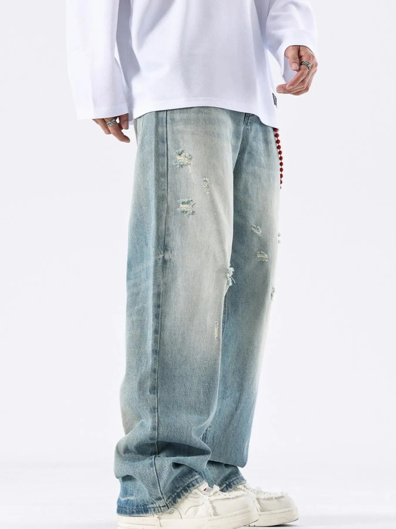 Men's Distressed Wide Leg Jeans Washed One Hundred Percent Cotton Trendsi