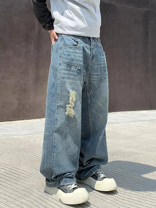 Men's Distressed Wide Leg Jeans, 100% Cotton, Plus Size Trendsi