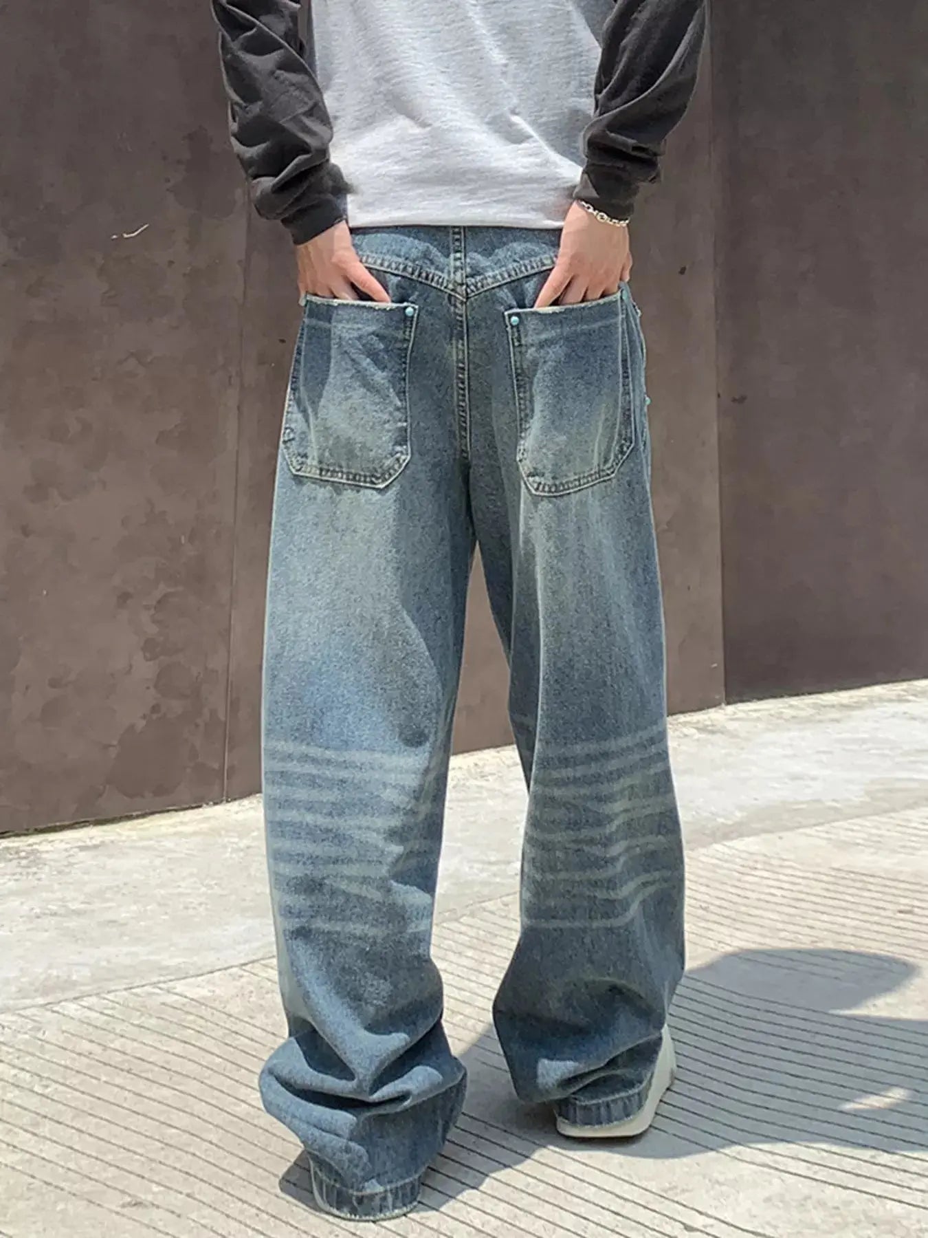 Men's Distressed Wide Leg Jeans, 100% Cotton, Plus Size Trendsi