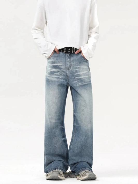 Men's Washed Wide Leg Jeans 100% Cotton Relaxed Fit Trendsi