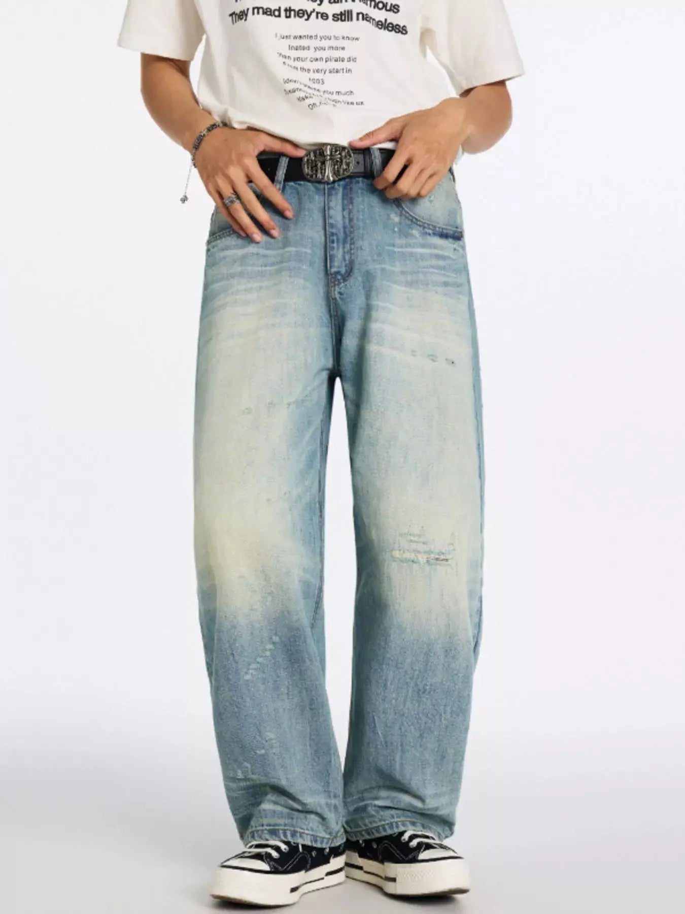 Men's Washed Wide Leg Jeans, Slightly Stretchy, Blue Trendsi
