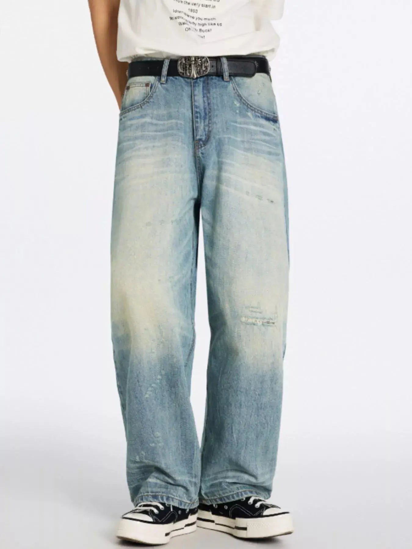 Men's Washed Wide Leg Jeans, Slightly Stretchy, Blue Trendsi
