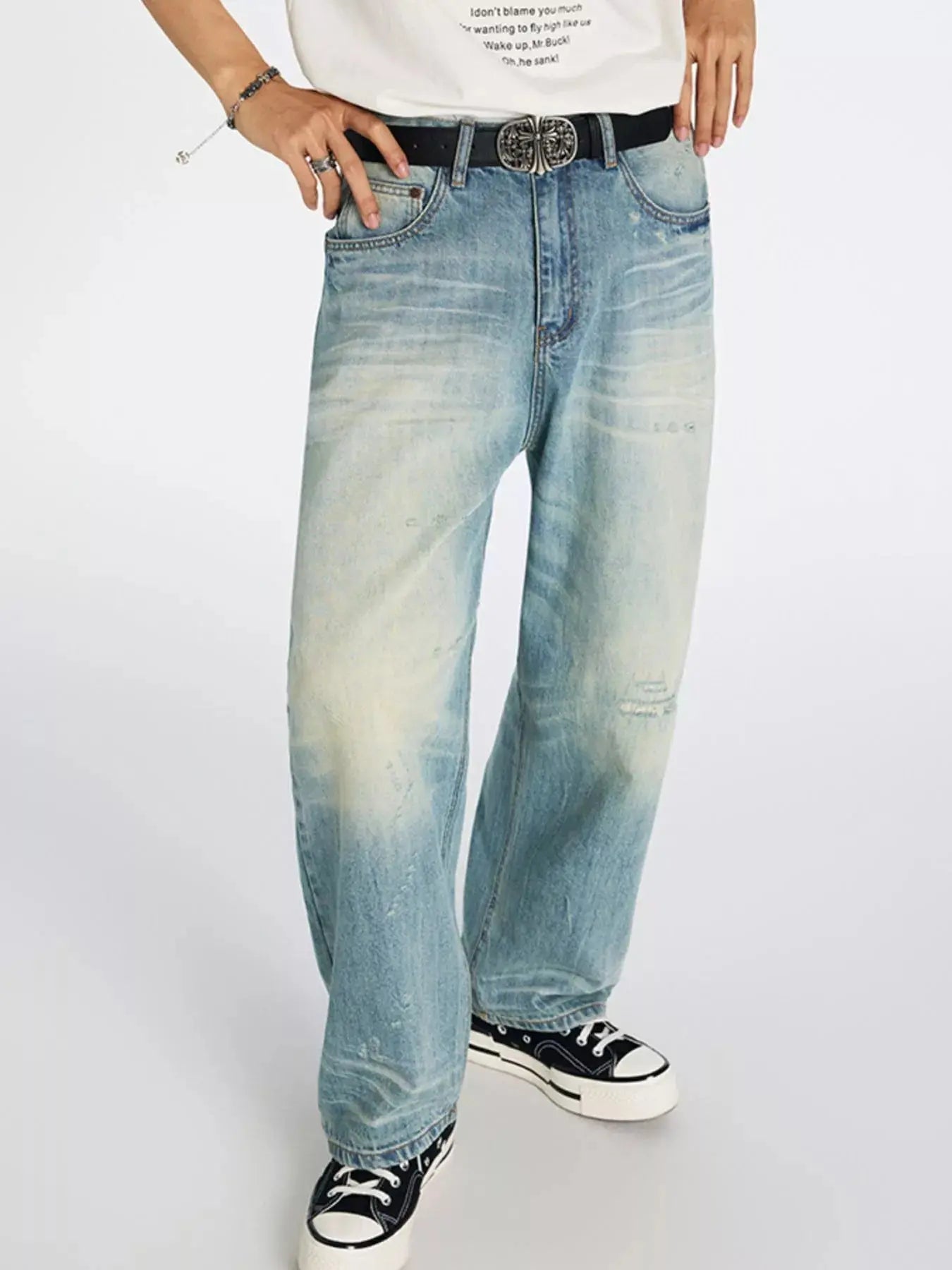 Men's Washed Wide Leg Jeans, Slightly Stretchy, Blue Trendsi