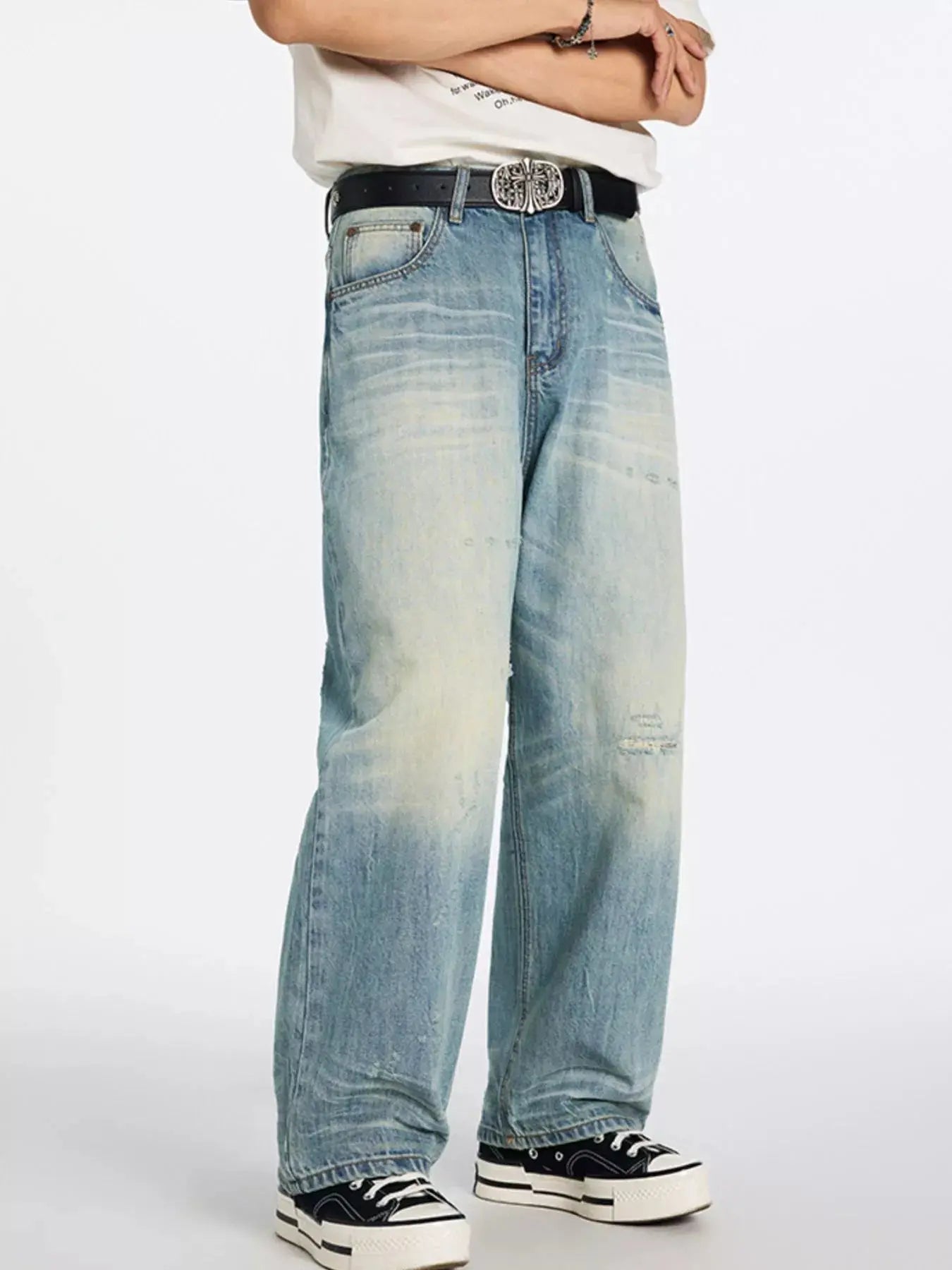 Men's Washed Wide Leg Jeans, Slightly Stretchy, Blue Trendsi