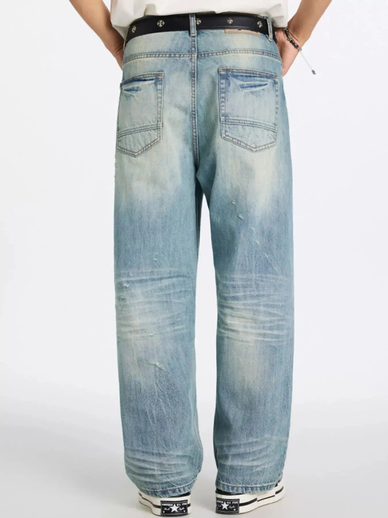 Men's Washed Wide Leg Jeans, Slightly Stretchy, Blue Trendsi