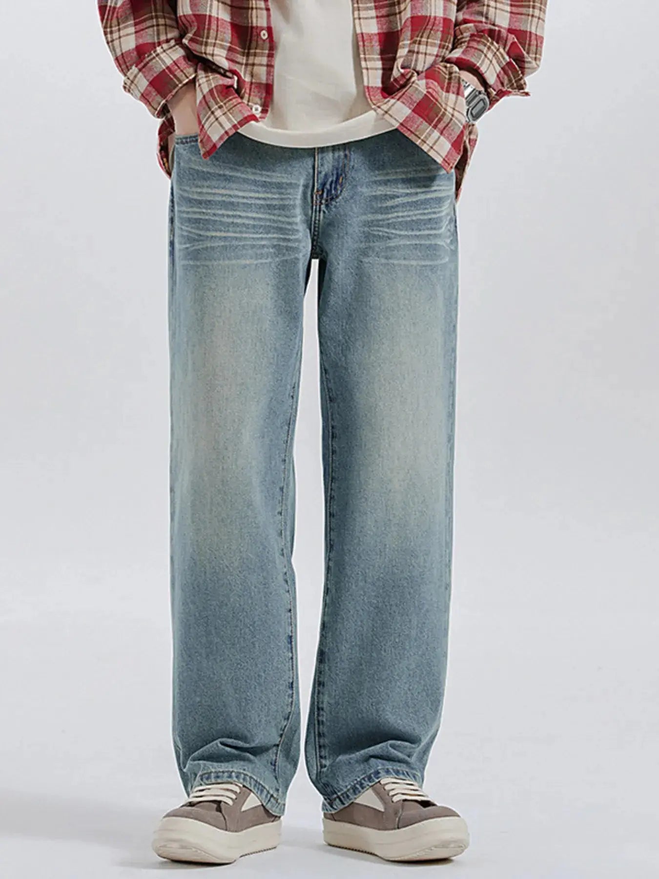 Mens Wide Leg Stretch Jeans, Cats Whisker Wash Trendsi