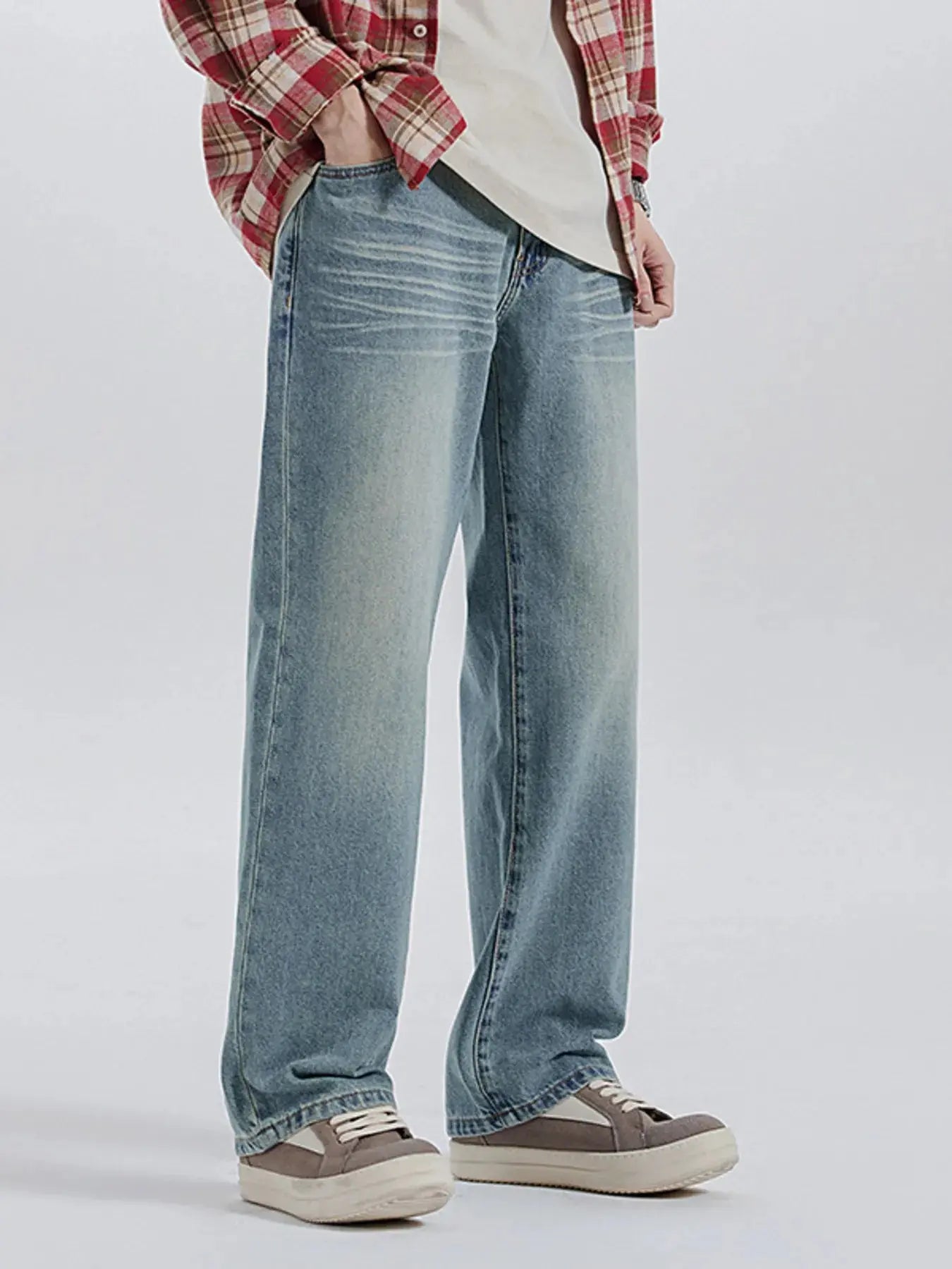 Mens Wide Leg Stretch Jeans, Cats Whisker Wash Trendsi