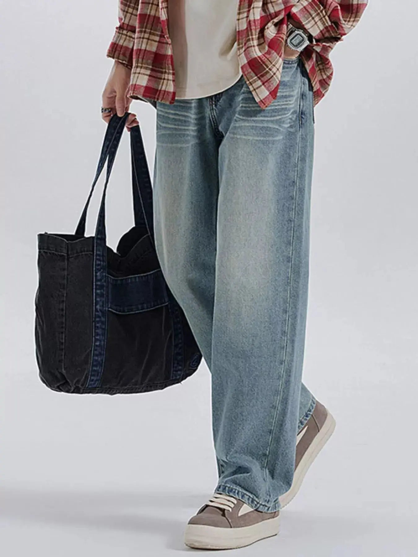 Mens Wide Leg Stretch Jeans, Cats Whisker Wash Trendsi