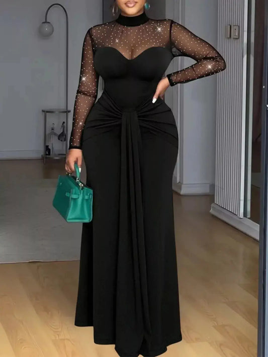 Mesh Mock Neck Long Sleeve Maxi Dress Trendsi