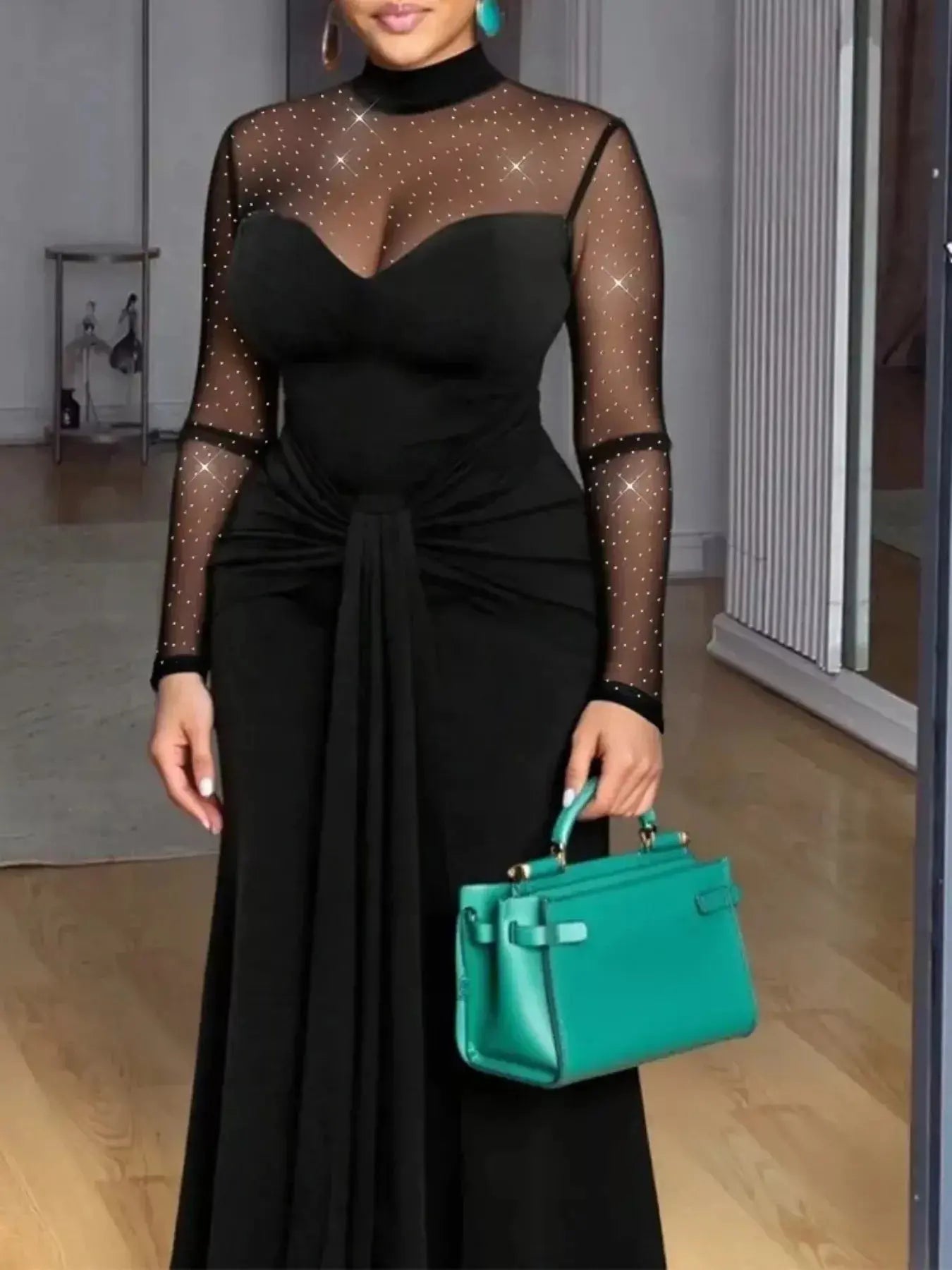 Mesh Mock Neck Long Sleeve Maxi Dress Trendsi