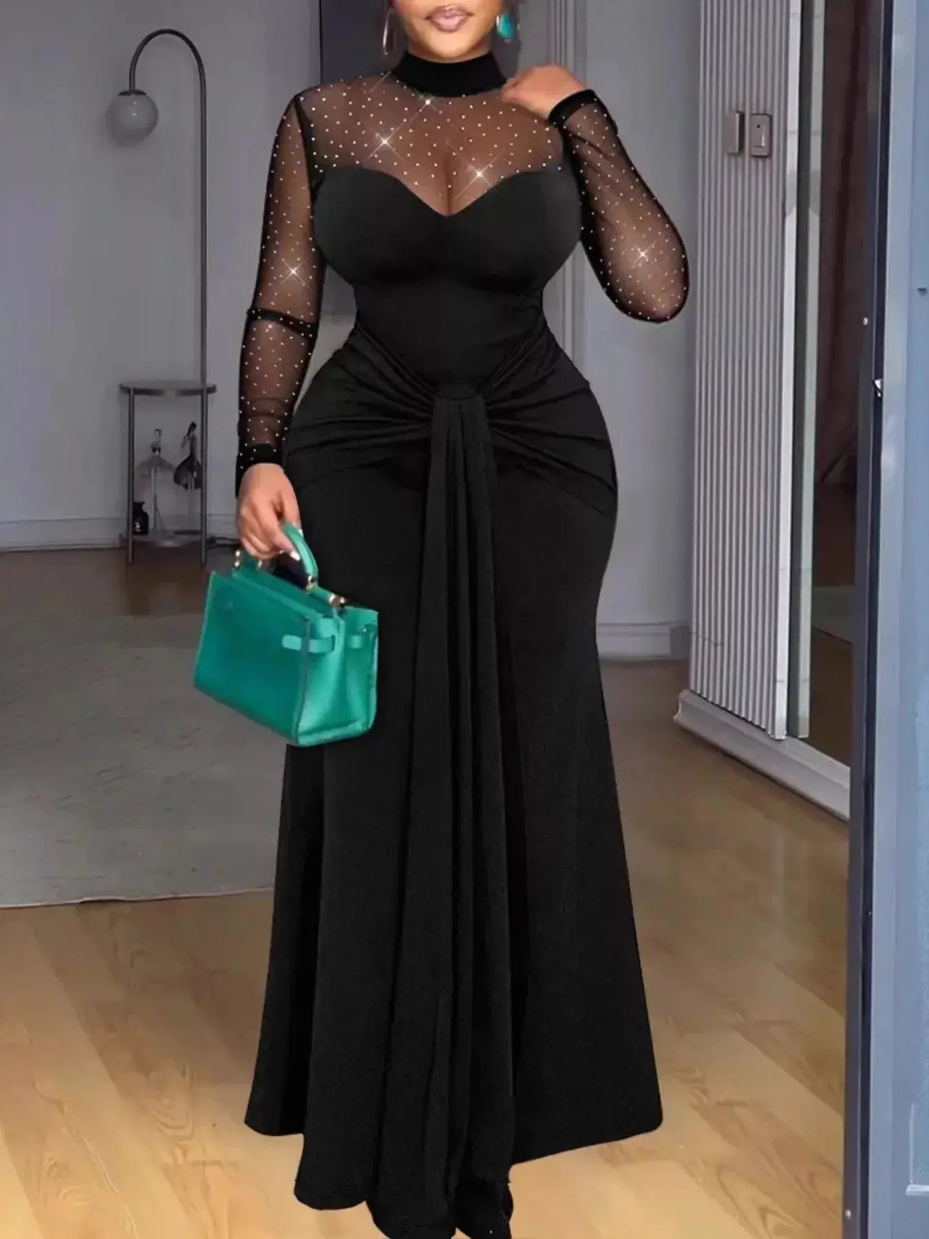 Mesh Mock Neck Long Sleeve Maxi Dress Trendsi