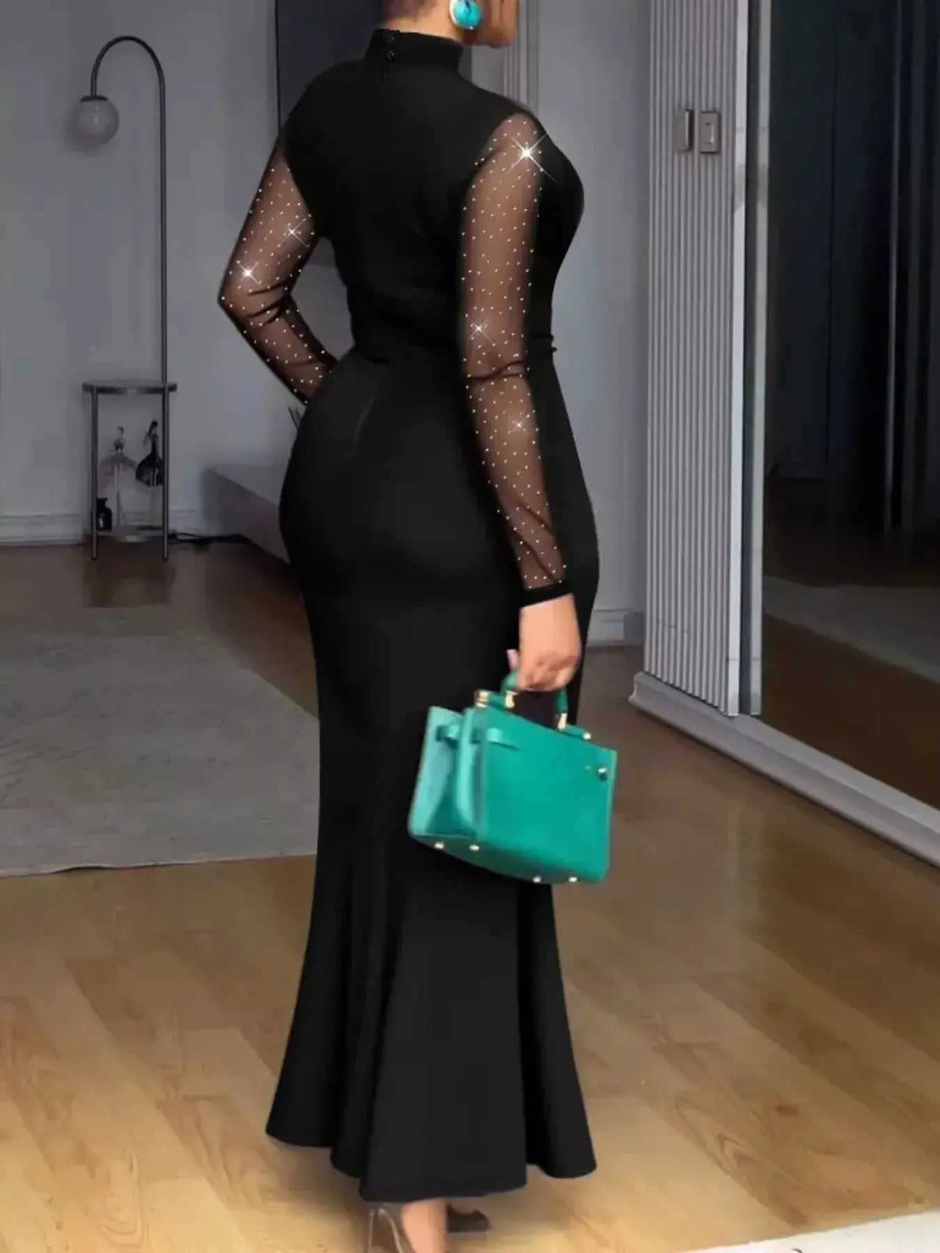 Mesh Mock Neck Long Sleeve Maxi Dress Trendsi