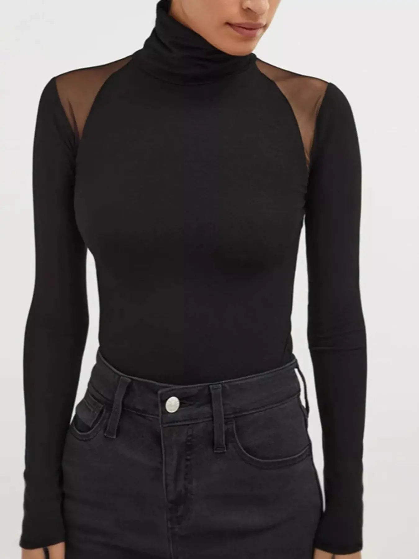 Mesh Shoulder Turtleneck Bodysuit Trendsi