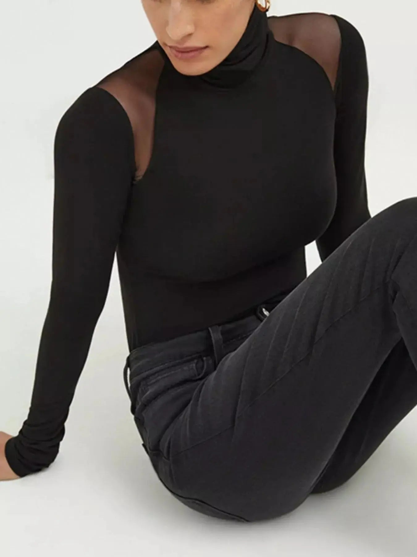 Mesh Shoulder Turtleneck Bodysuit Trendsi