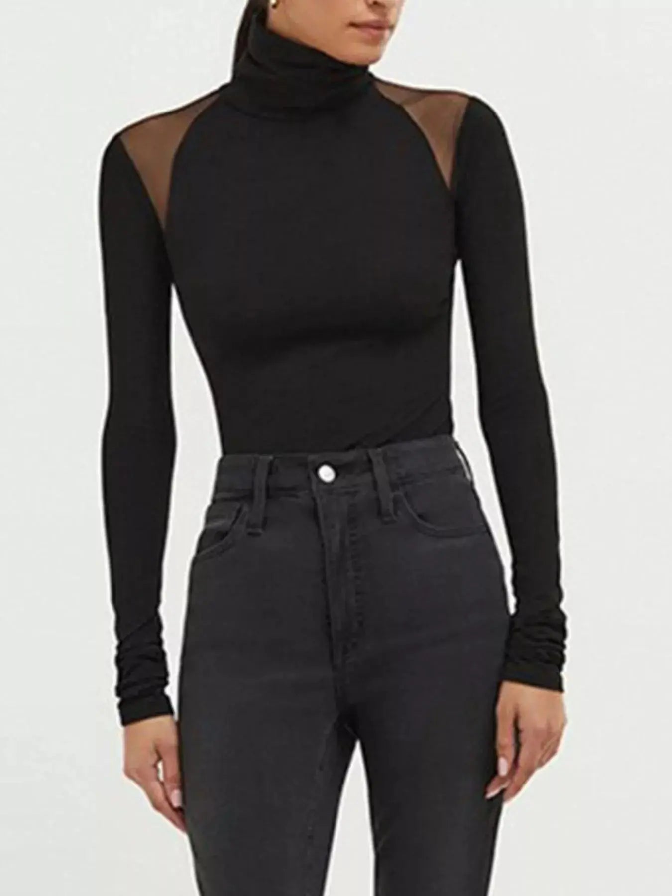 Mesh Shoulder Turtleneck Bodysuit Trendsi