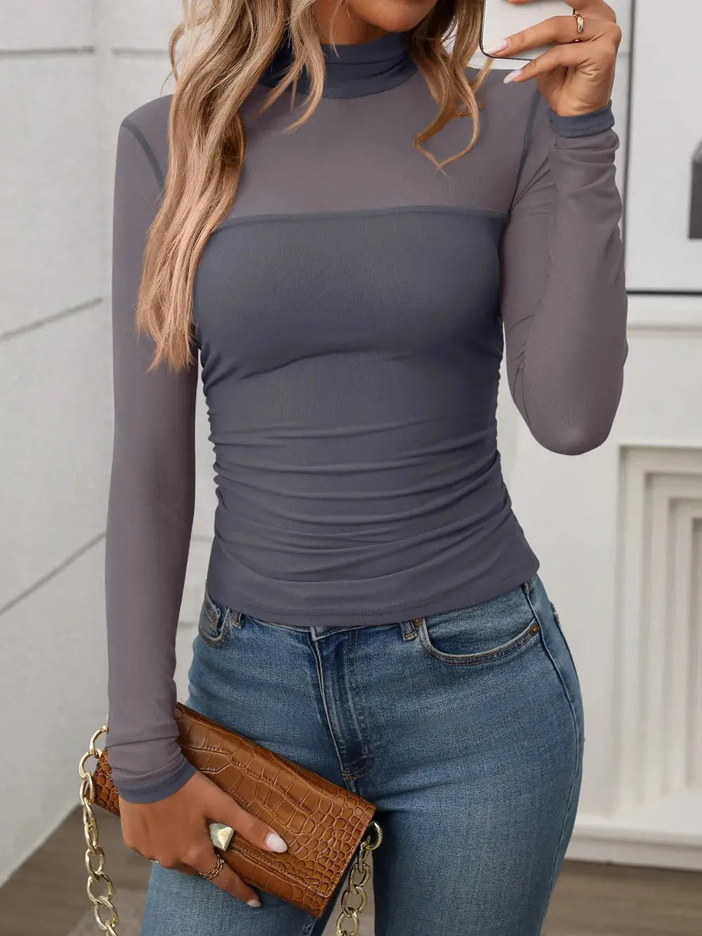 Mock Neck Long Sleeve Top Trendsi