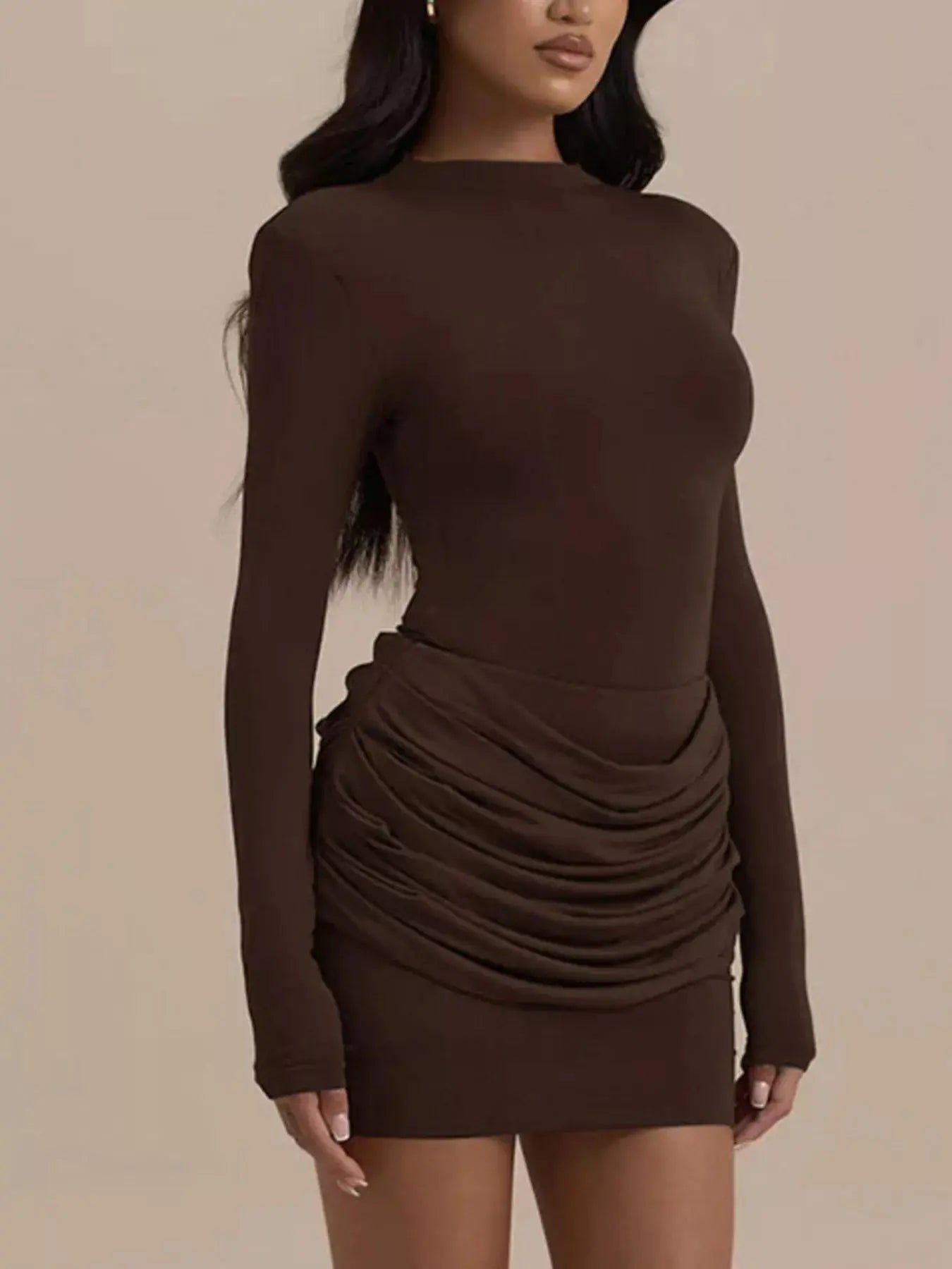 Mock Neck Ruched Bodycon Mini Dress Milk Silk Fabric Trendsi