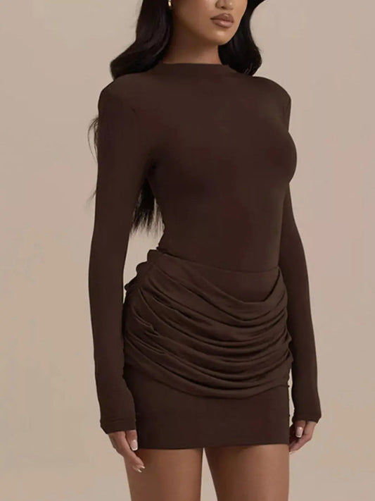 Mock Neck Ruched Bodycon Mini Dress Milk Silk Fabric Trendsi