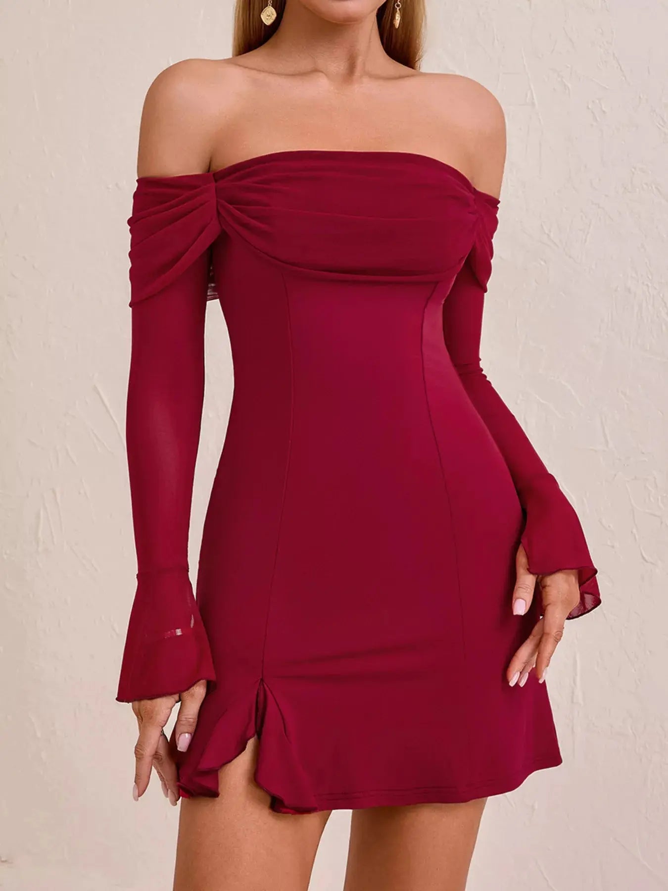 Off Shoulder Long Sleeve Mini Dress Mesh Slit Polyester Stretchy Trendsi