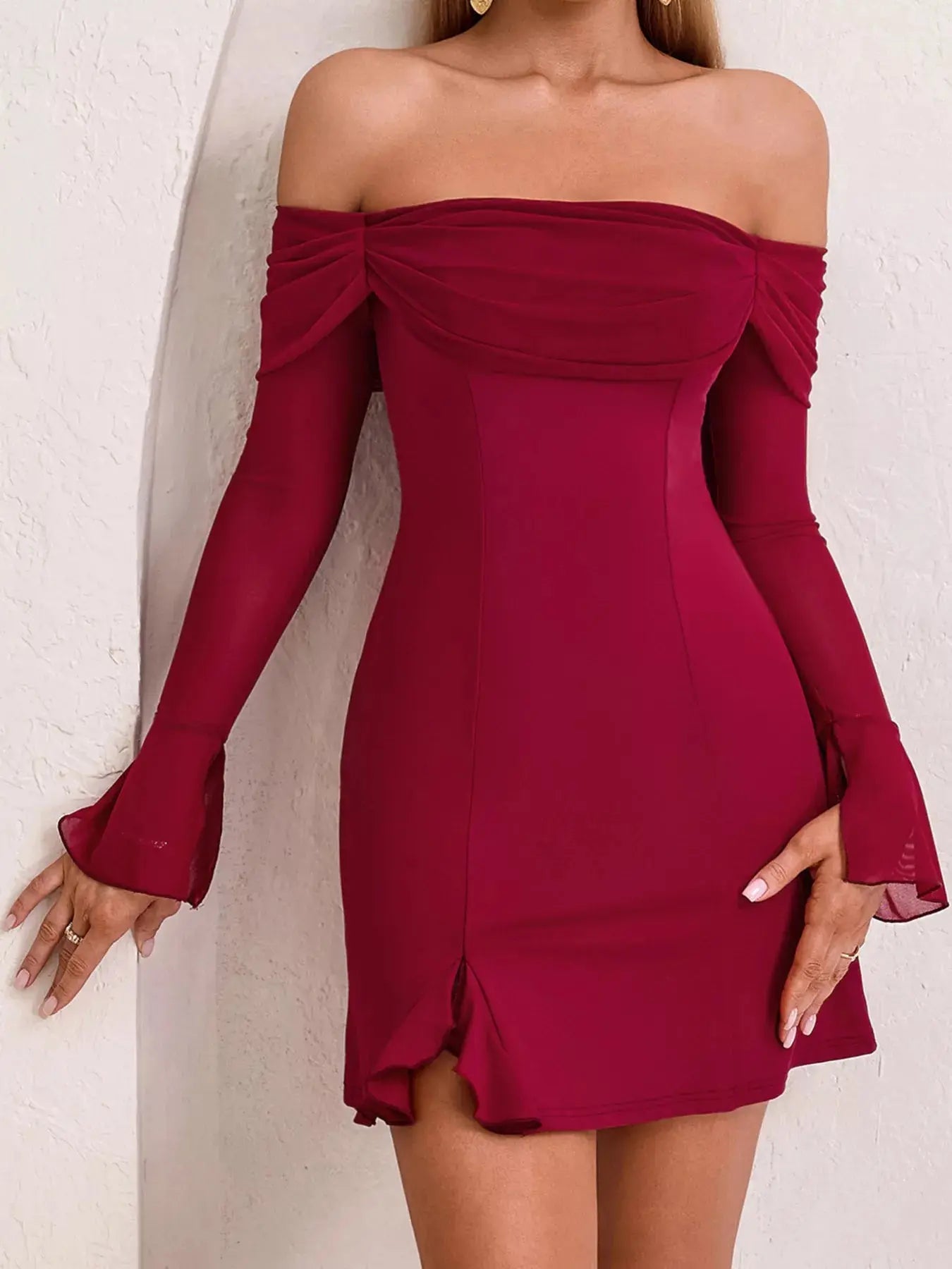 Off Shoulder Long Sleeve Mini Dress Mesh Slit Polyester Stretchy Trendsi