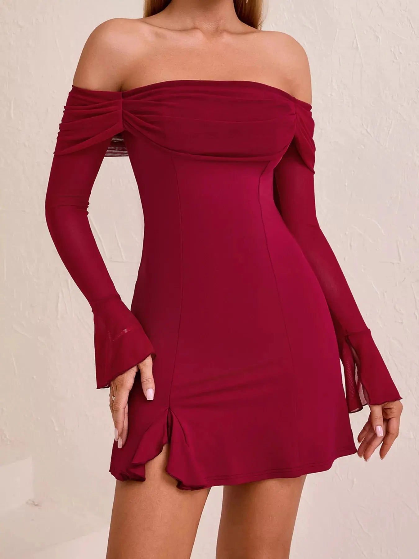 Off Shoulder Long Sleeve Mini Dress Mesh Slit Polyester Stretchy Trendsi