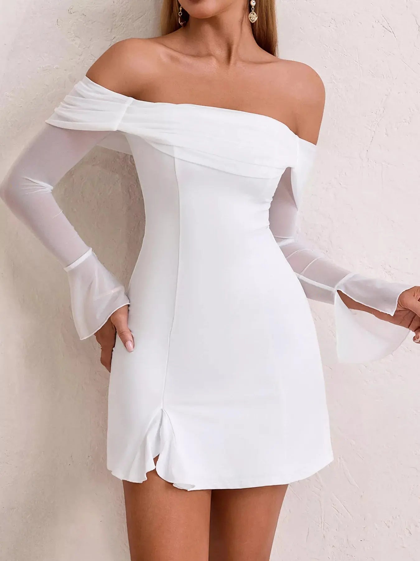 Off Shoulder Long Sleeve Mini Dress Mesh Slit Polyester Stretchy Trendsi