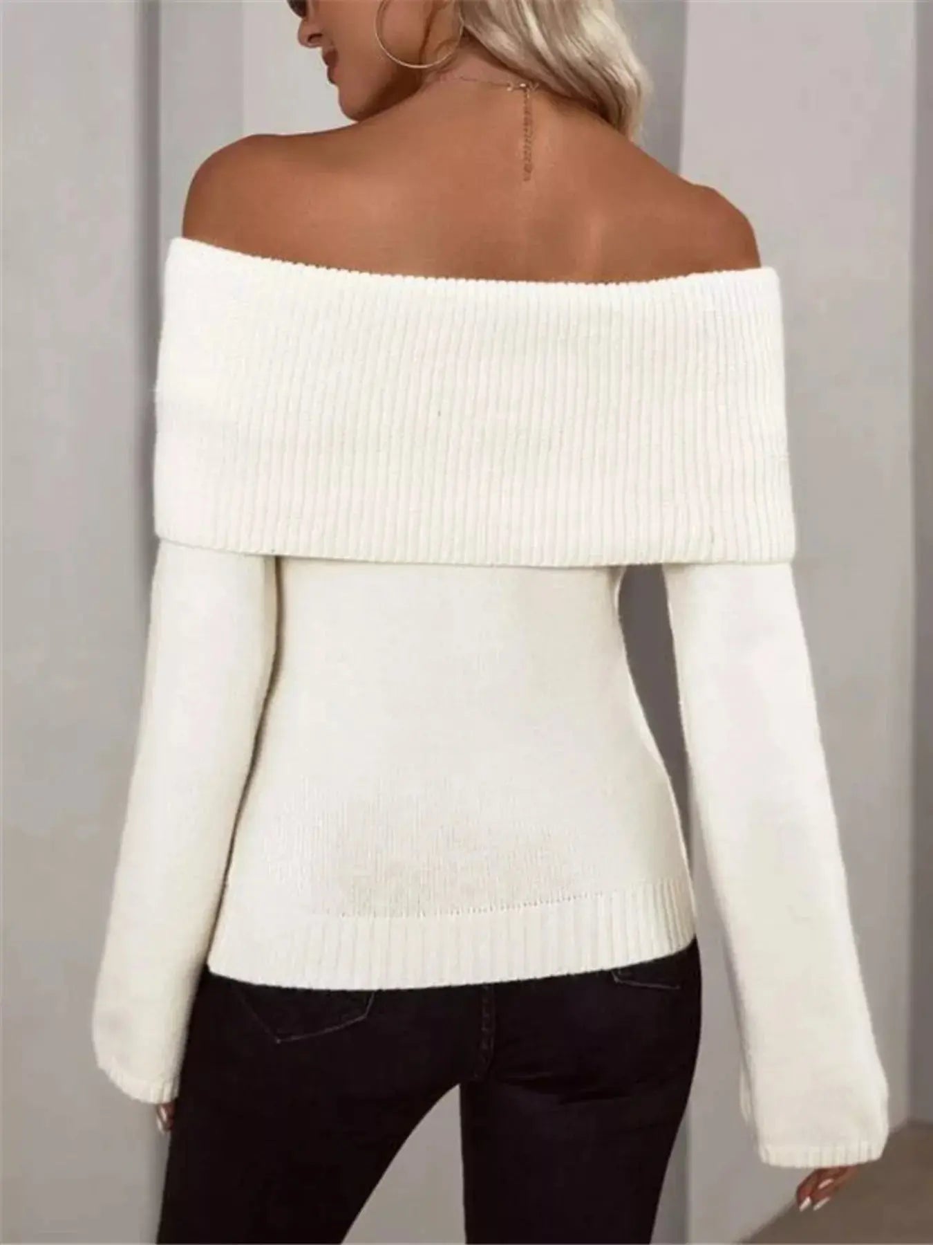 Off Shoulder Ribbed Knit Sweater For Women With Stretch Trendsi