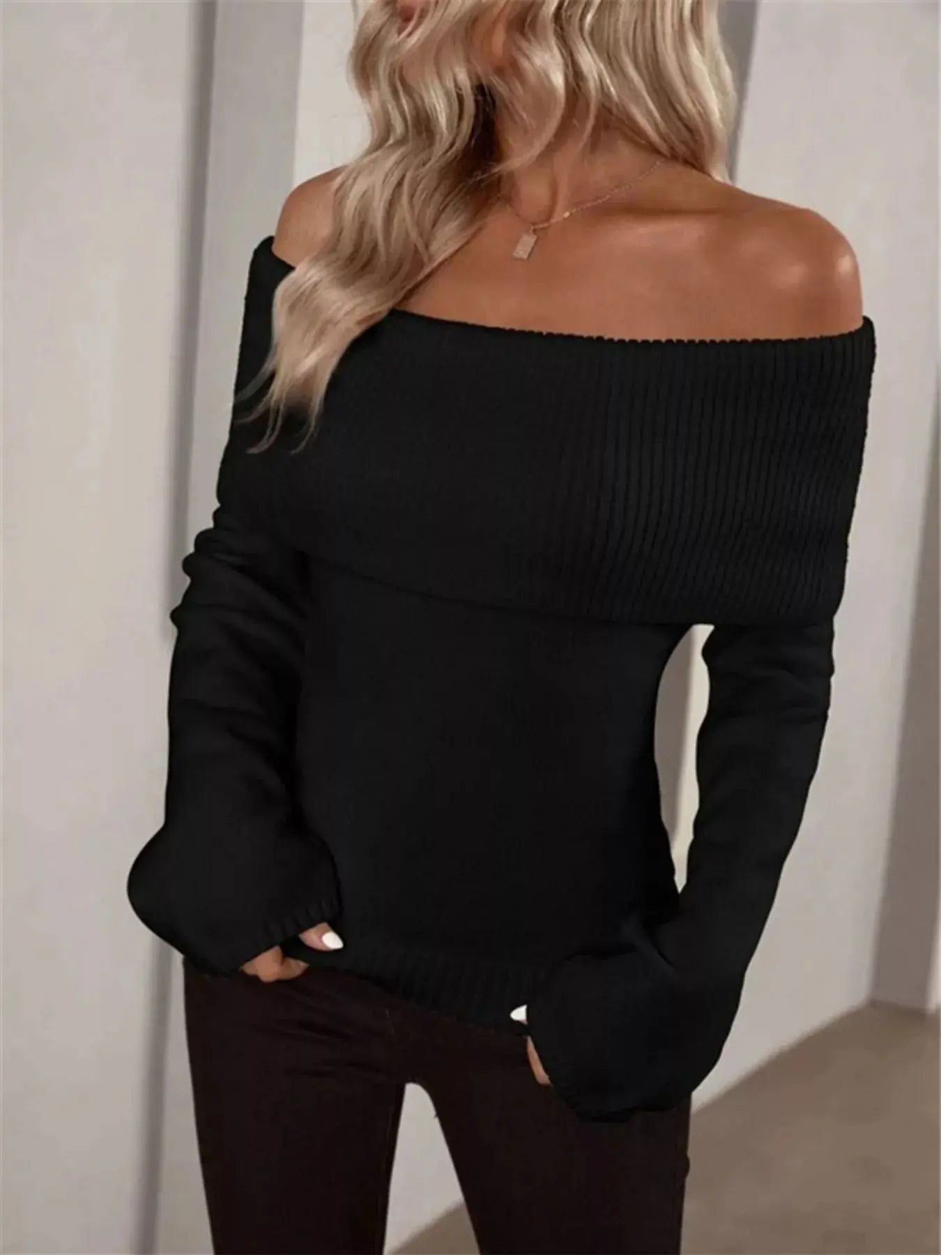 Off Shoulder Ribbed Knit Sweater For Women With Stretch Trendsi