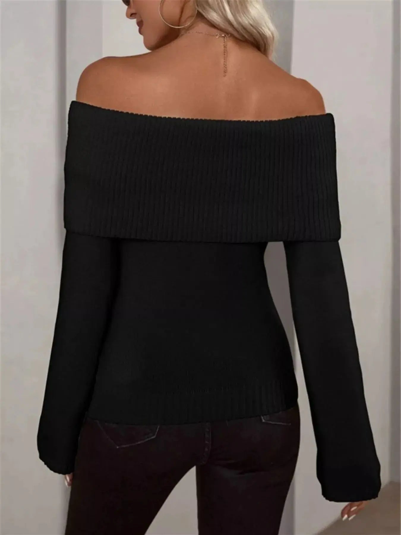 Off Shoulder Ribbed Knit Sweater For Women With Stretch Trendsi