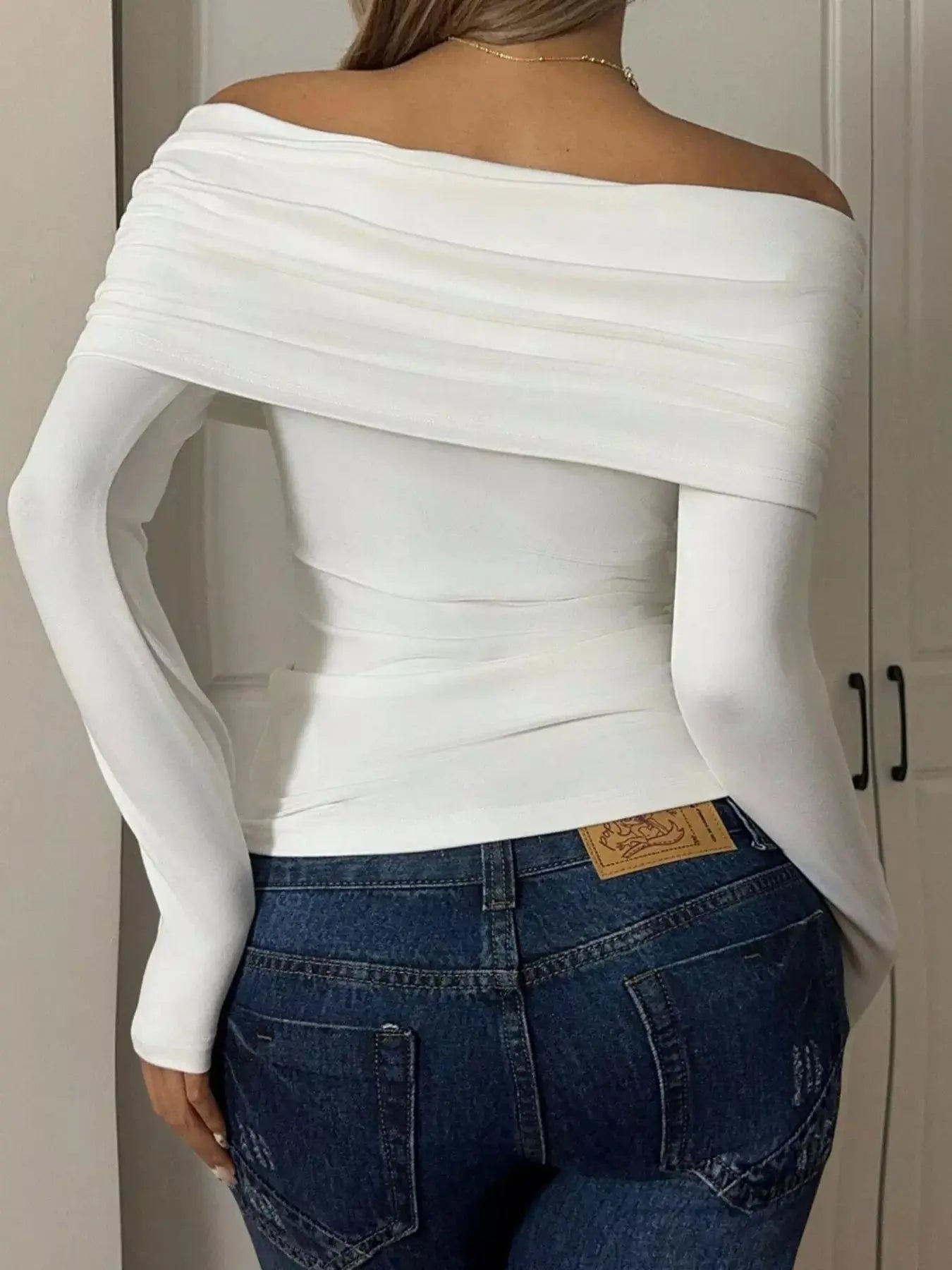 Off Shoulder Ruched Long Sleeve Top 100 Percent Polyester Trendsi
