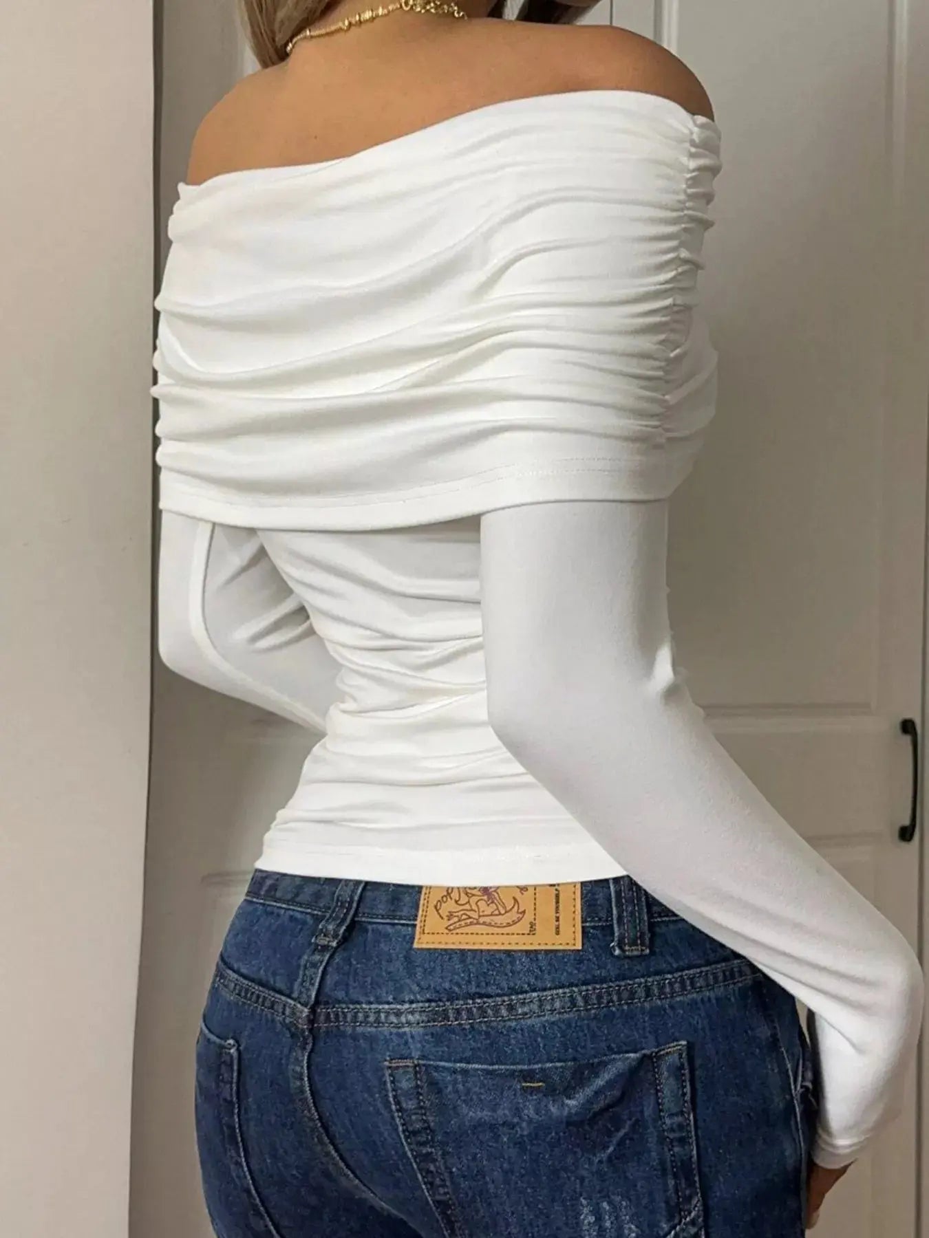 Off Shoulder Ruched Long Sleeve Top 100 Percent Polyester Trendsi
